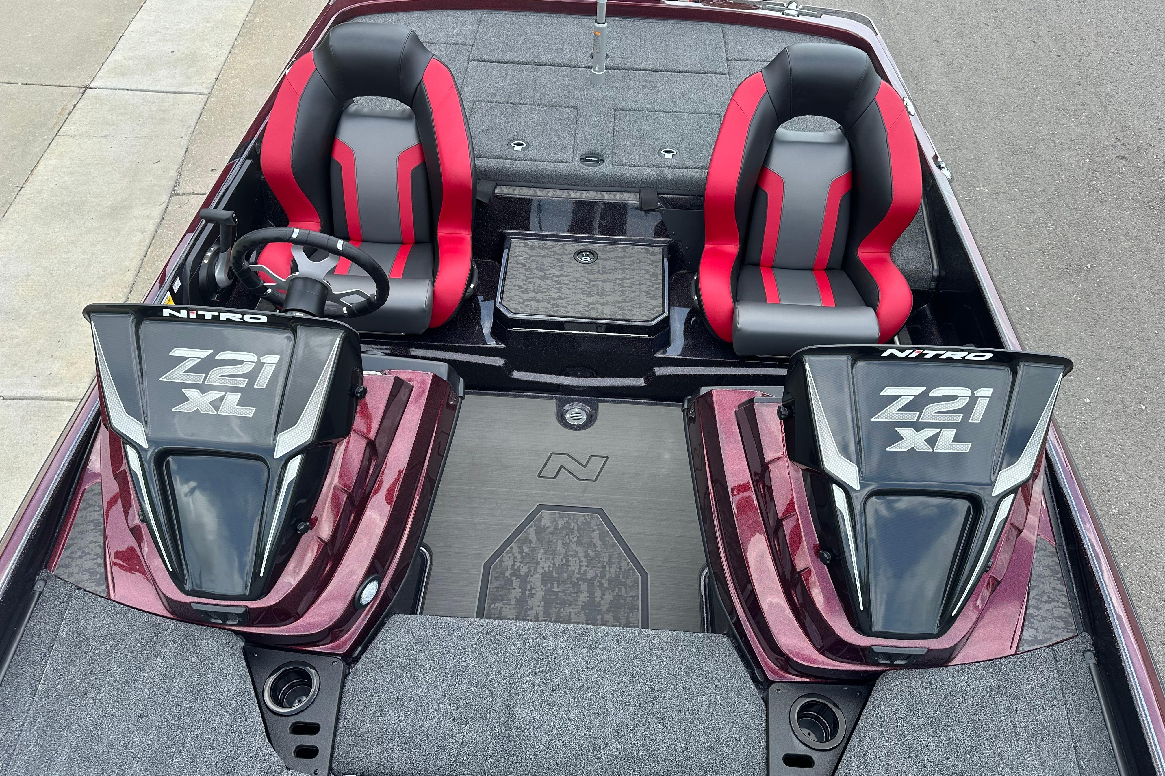 2026 Nitro Z21 XL boat interior with dual seats and steering console.