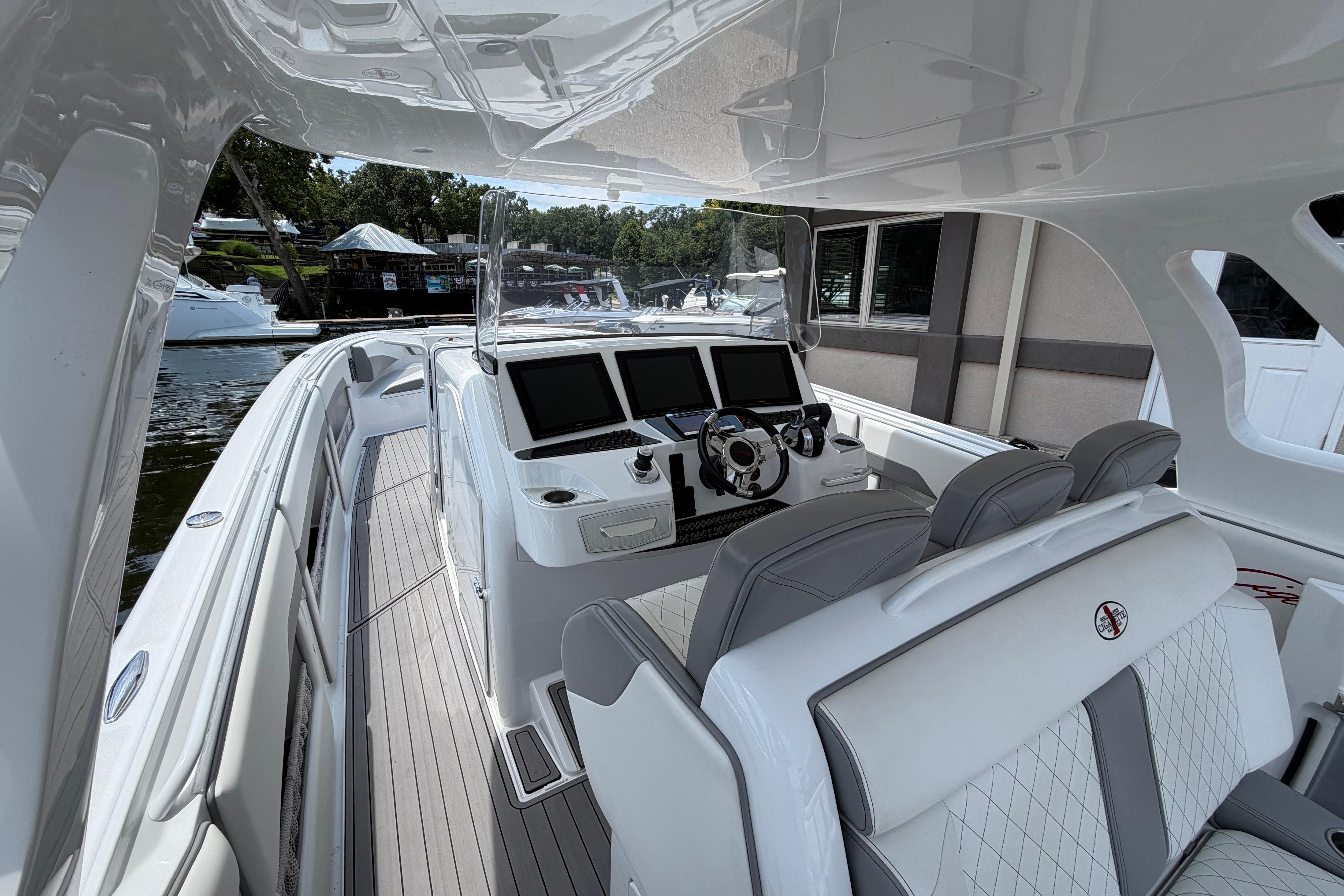 2015 Cigarette 41' Nighthawk SD Edition boat interior with sleek design and advanced navigation systems.