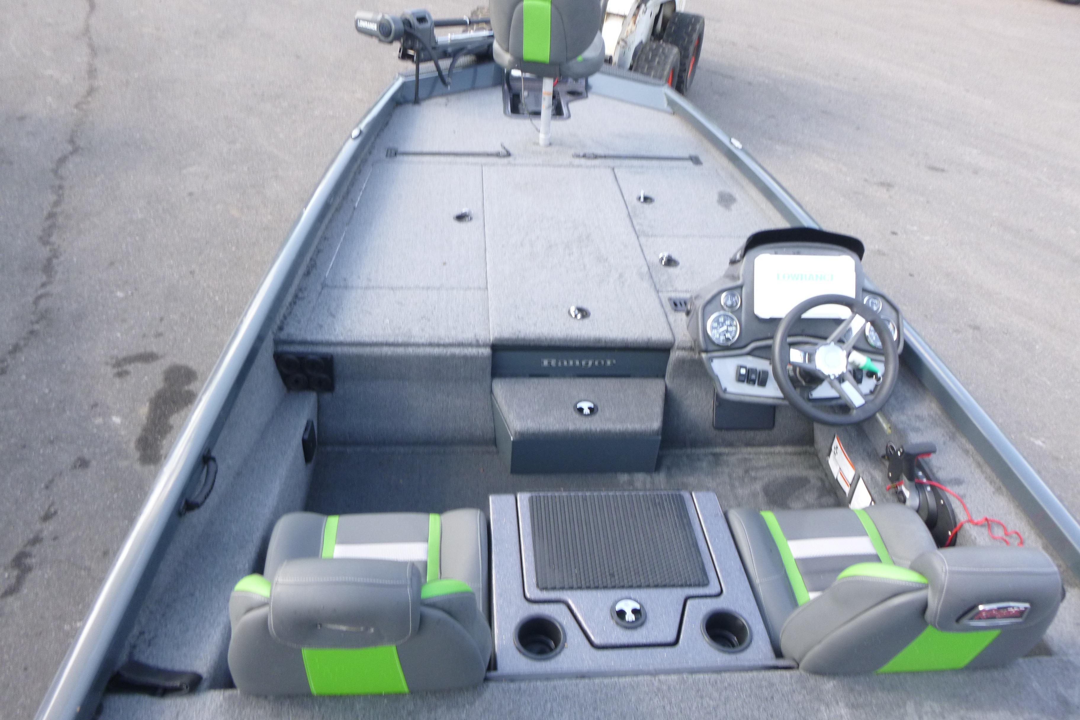 2023 Ranger RT198P fishing boat interior with steering console and seating.