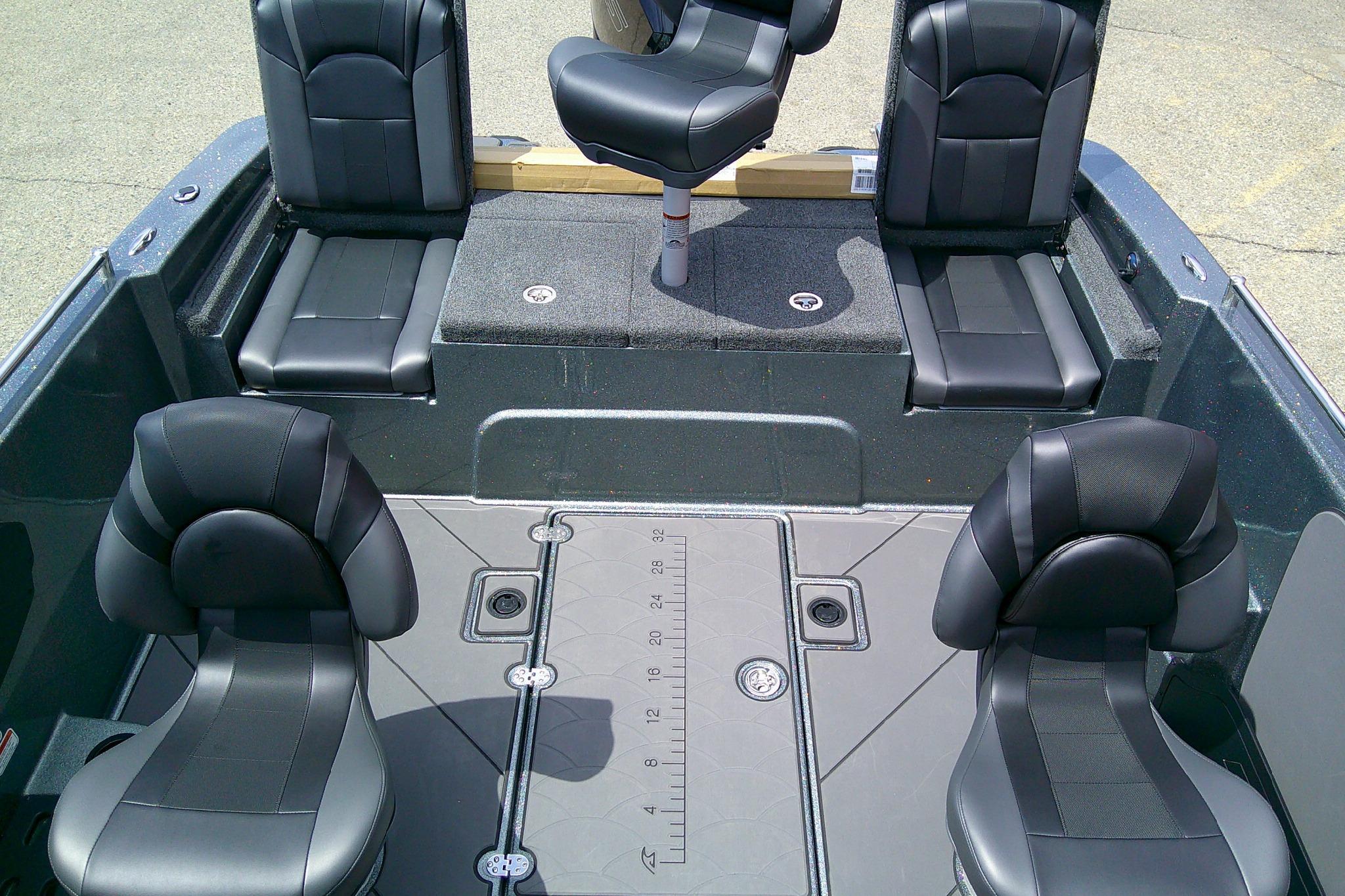 2026 Nitro ZV19 Sport boat interior with black seating and spacious layout.