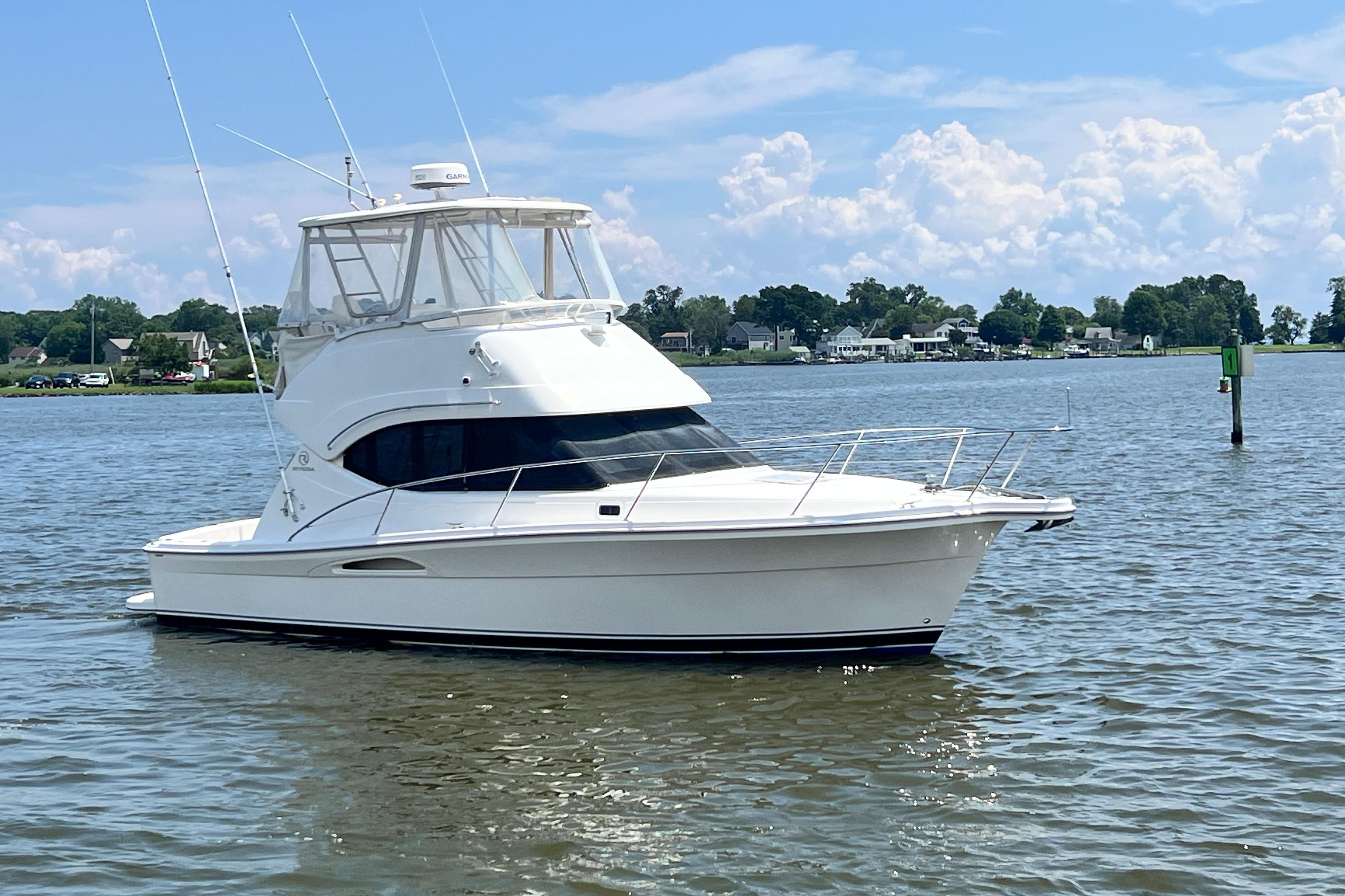 2007 Riviera 33 Flybridge yacht on calm water under a blue sky.