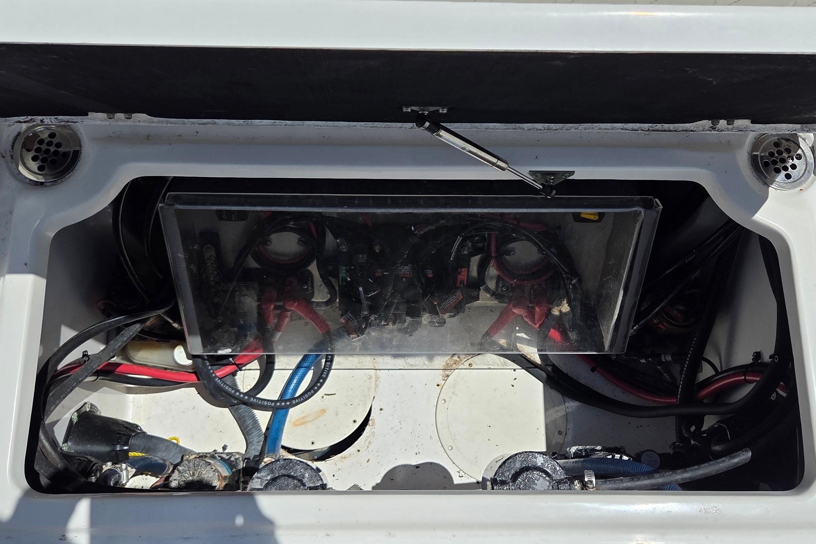 Electrical compartment of a 2021 Sea Fox 328 Commander boat, showing wiring and components.