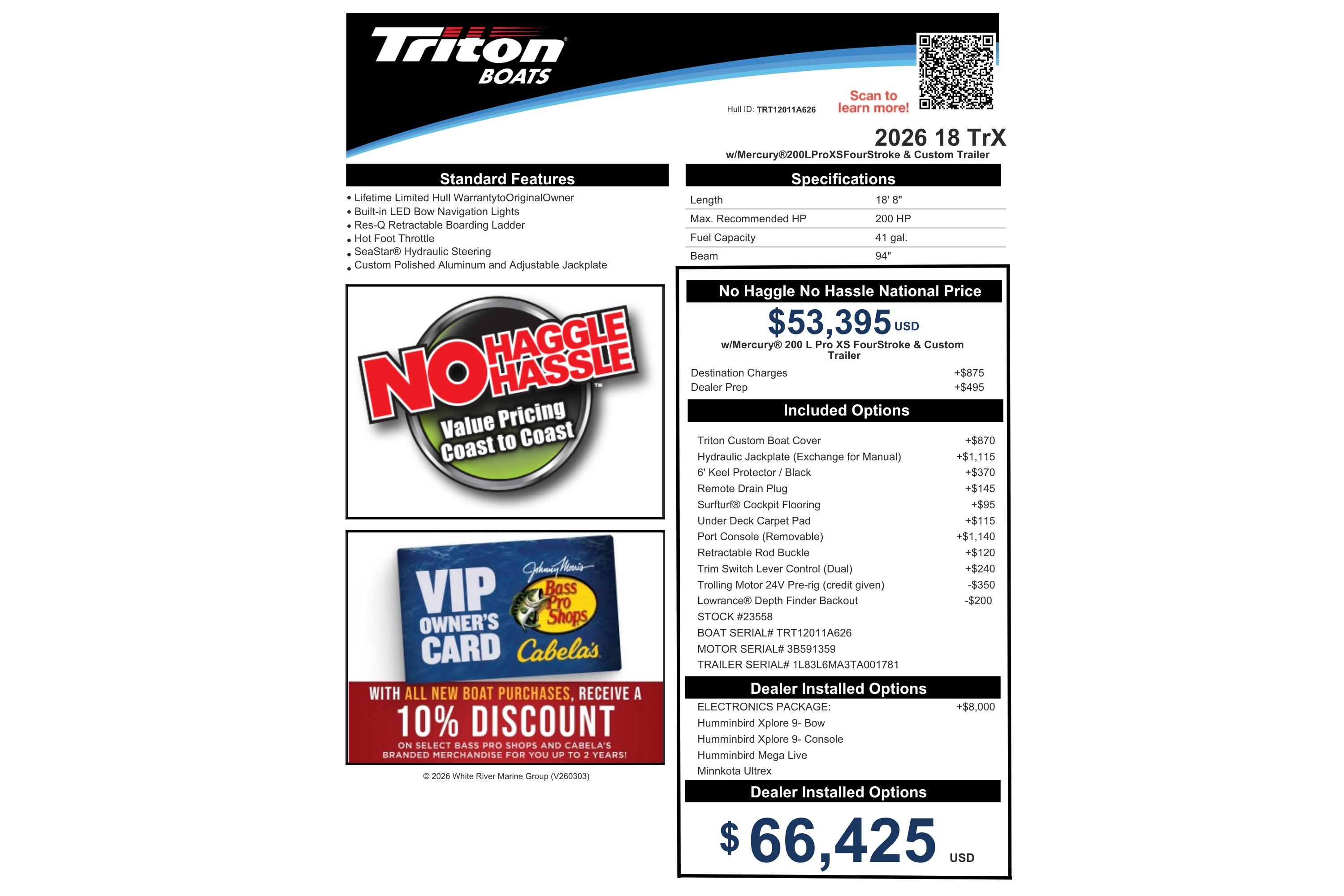 Triton 18 TrX 2026 boat pricing and features, including no-haggle price and optional upgrades.