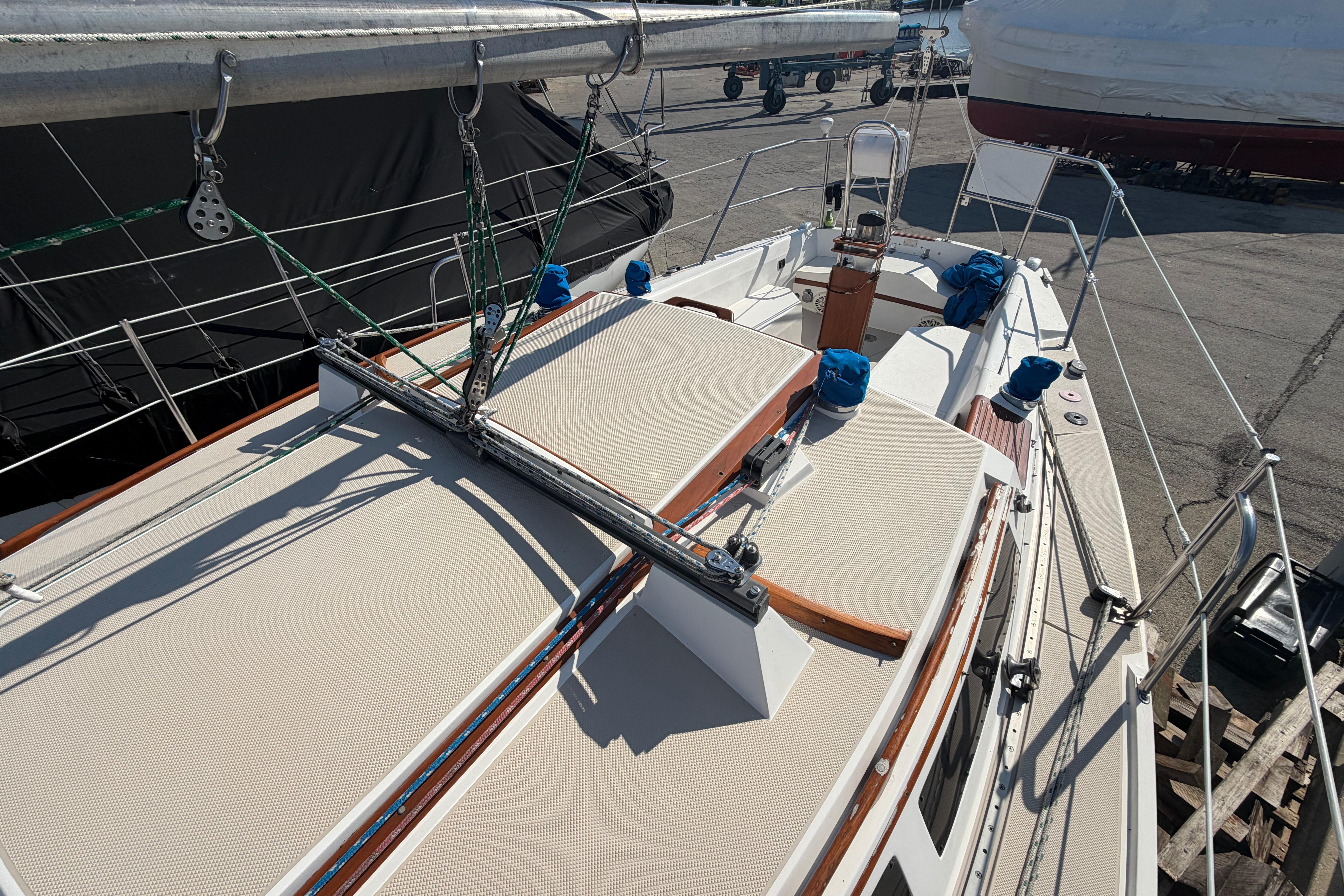 1988 Catalina 30 MkII sailboat on dry dock, showcasing deck and rigging details.