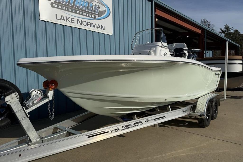 2026 Tidewater 198 CC Adventure boat on trailer at Lake Norman marine center.