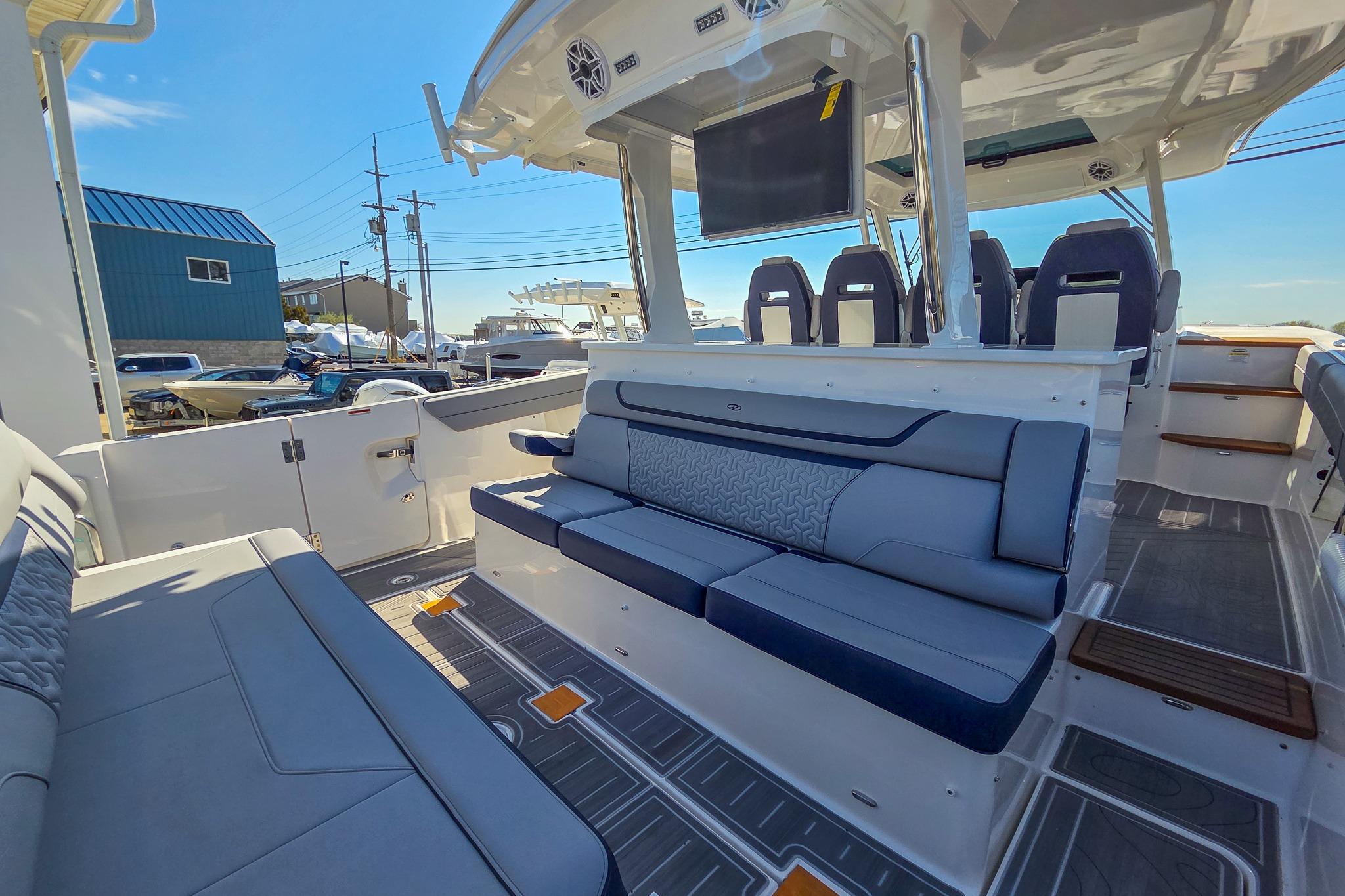 Luxurious interior of 2026 Regal 38 SAV boat with plush seating and modern design.