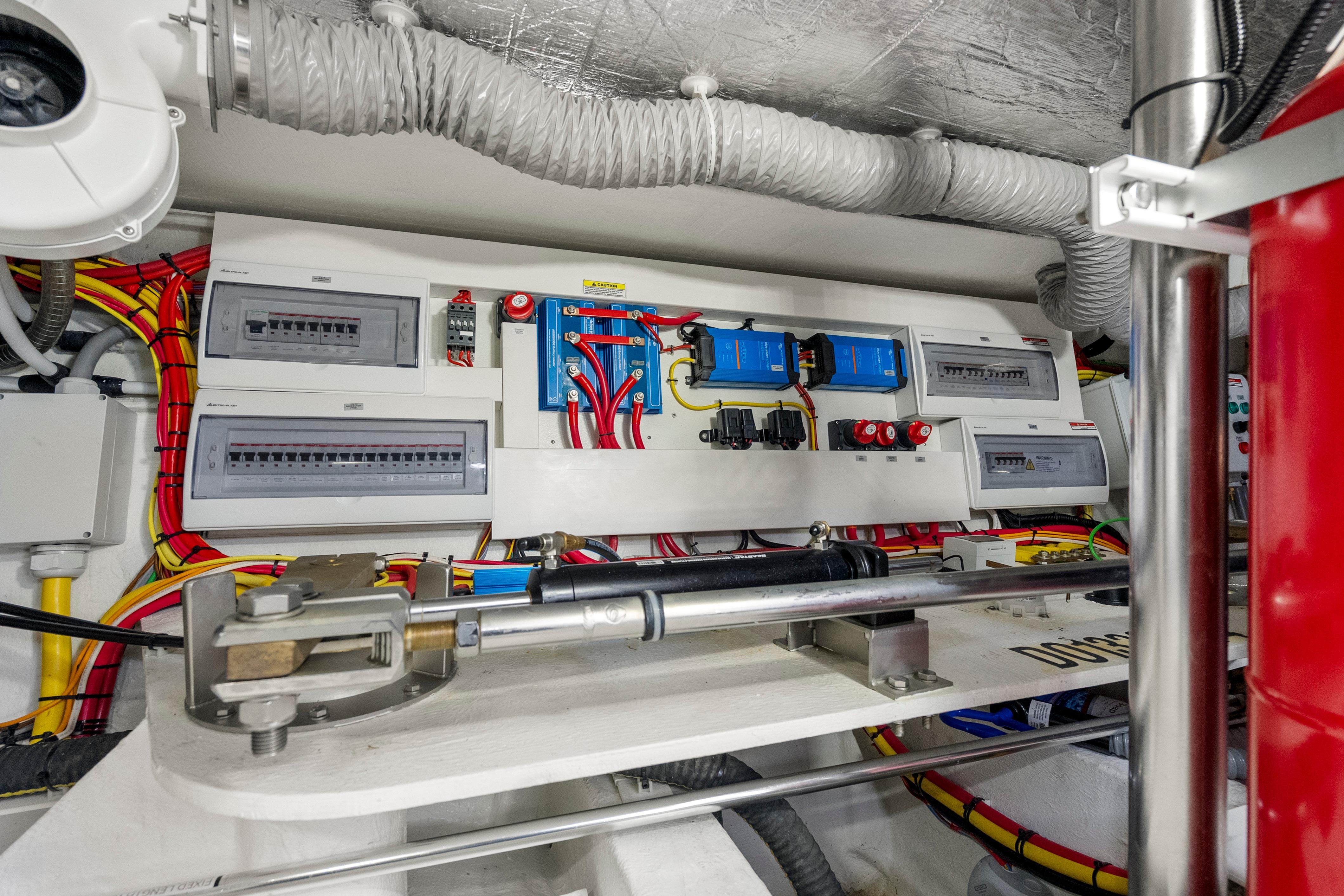 Electrical system of 2023 Galeon 400 Fly yacht, featuring control panels and wiring.