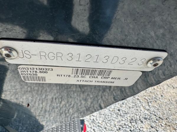 2023 Ranger RT178 boat identification plate with serial number and barcode.