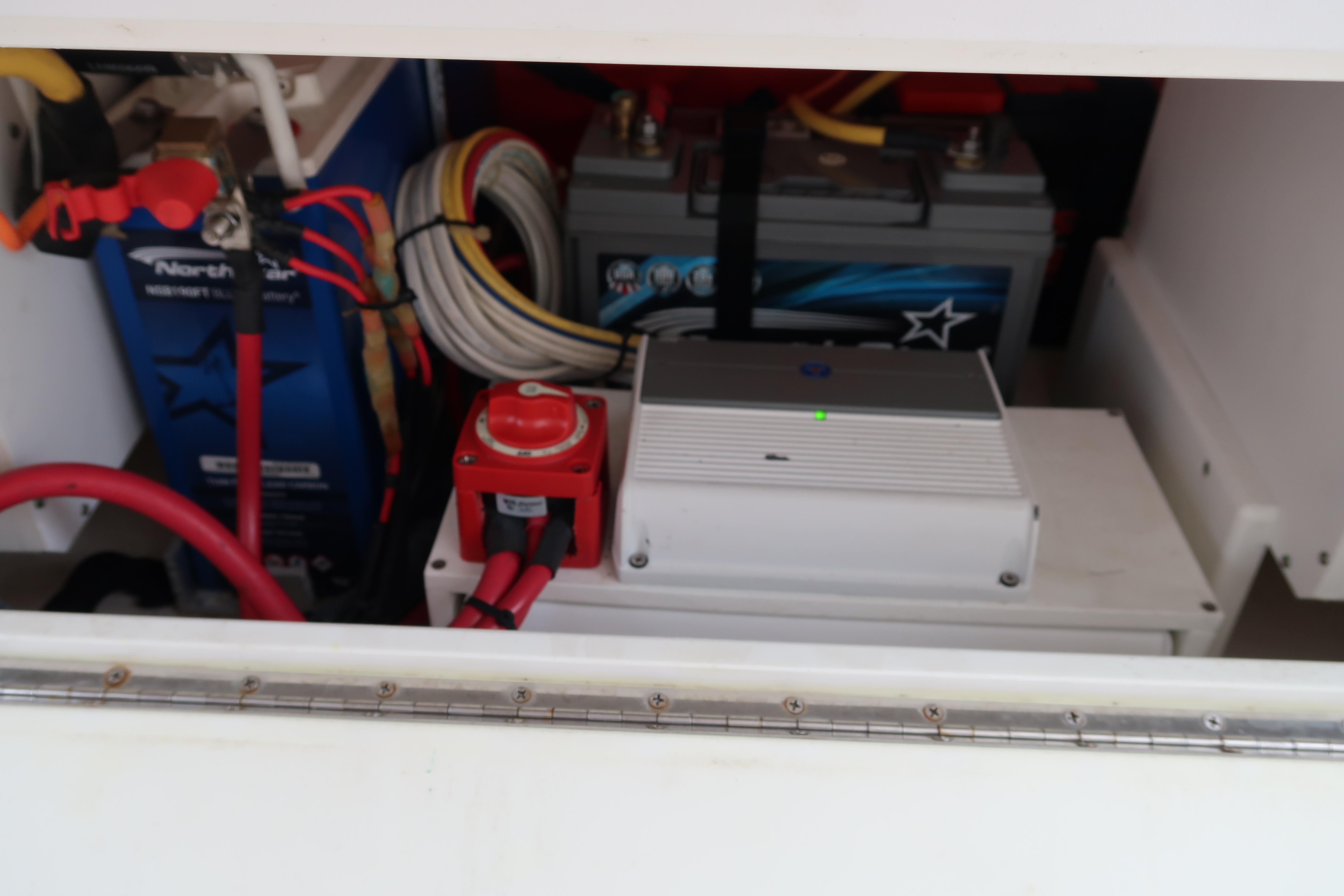 Battery compartment of a 2016 Invincible 42 Open Fisherman boat.