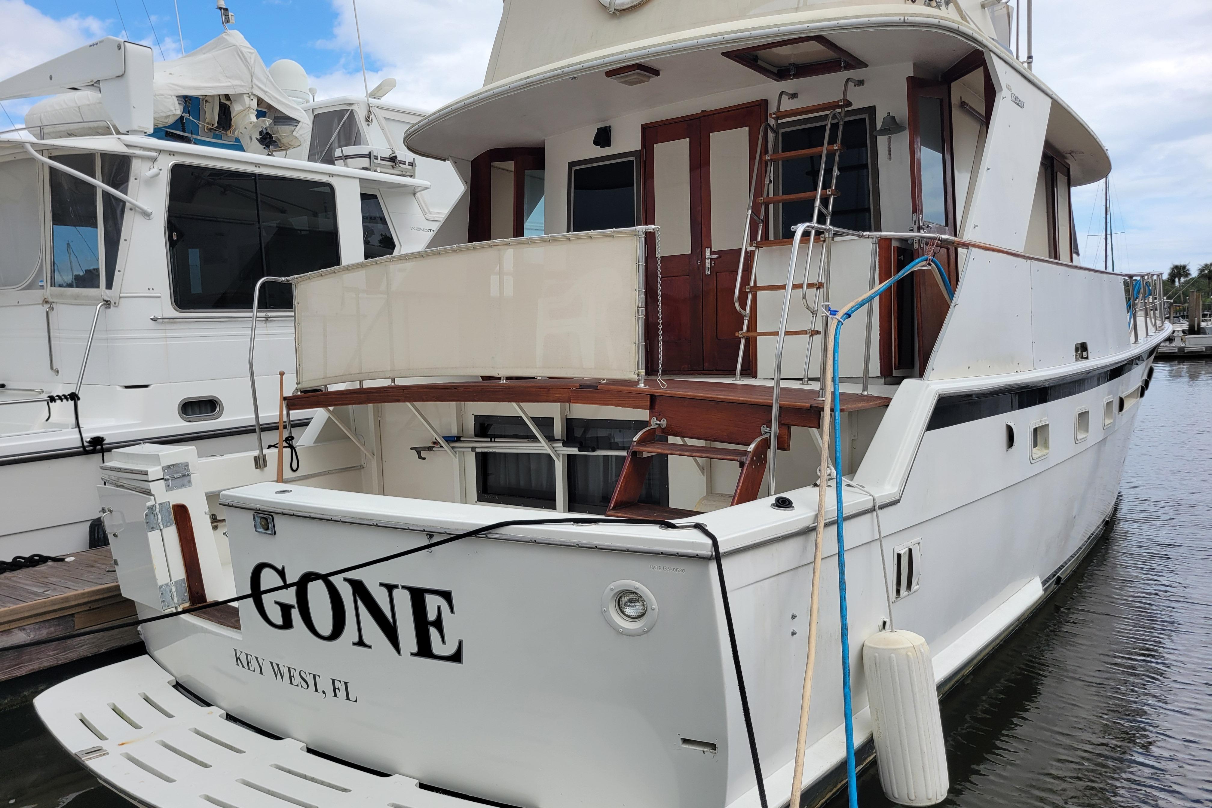 1980 Hatteras 53 Yacht Fisherman docked in Key West marina.