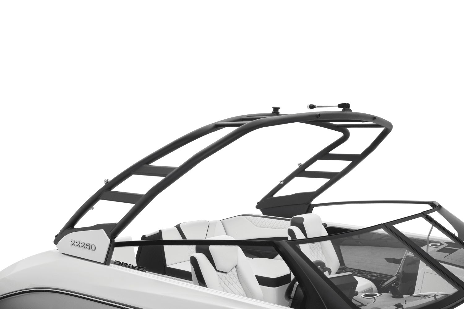 The image shows the cockpit of a Yamaha 222SD boat with modern seating and a sturdy wakeboard tower.