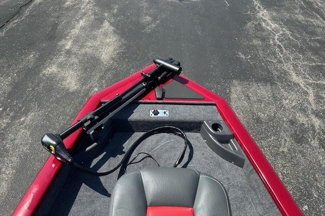 2026 Tracker Pro Team 175 Crappie Edition boat, red and gray interior, trolling motor visible.