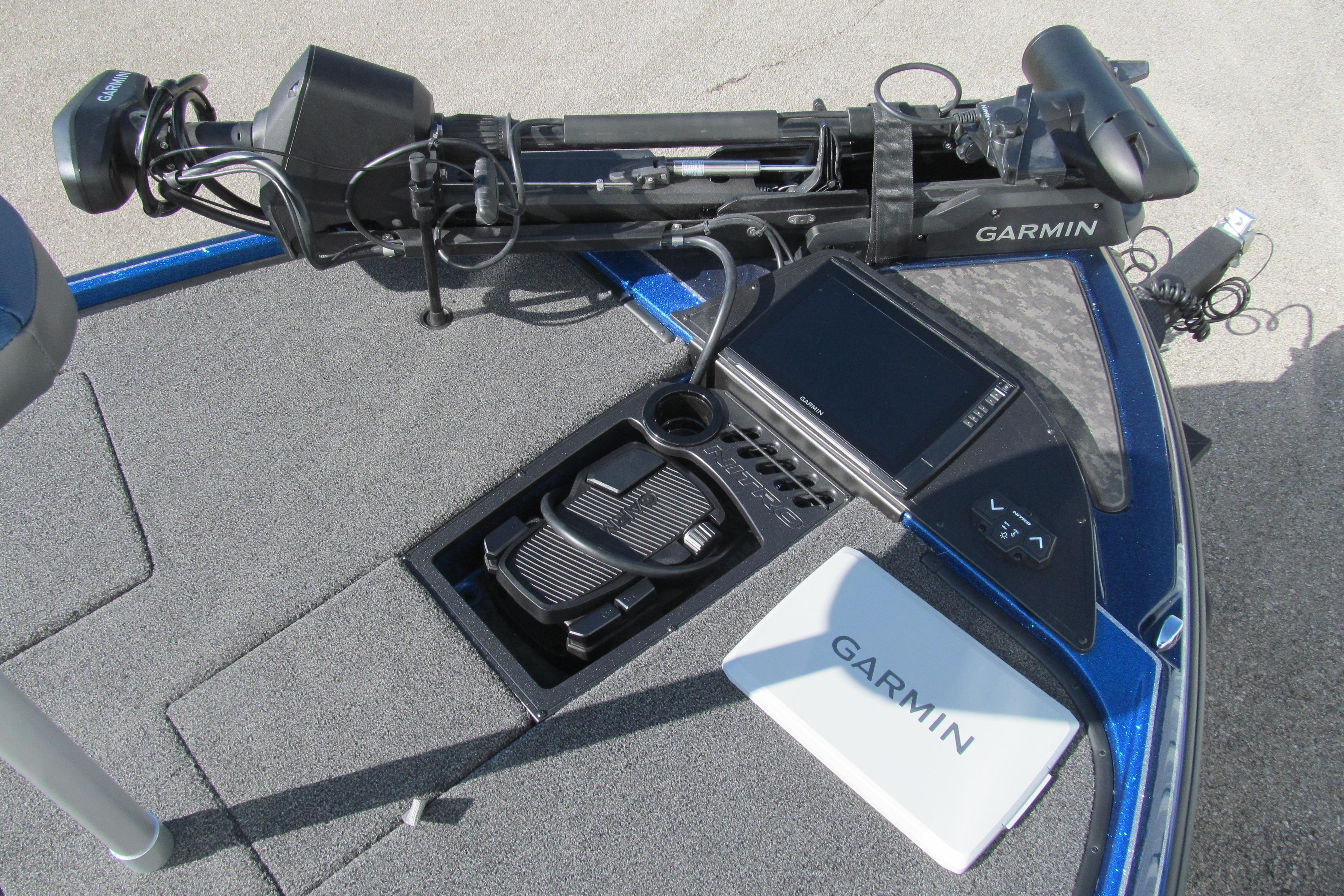2026 Nitro Z20 XL Pro boat deck with Garmin electronics and foot pedal controls.