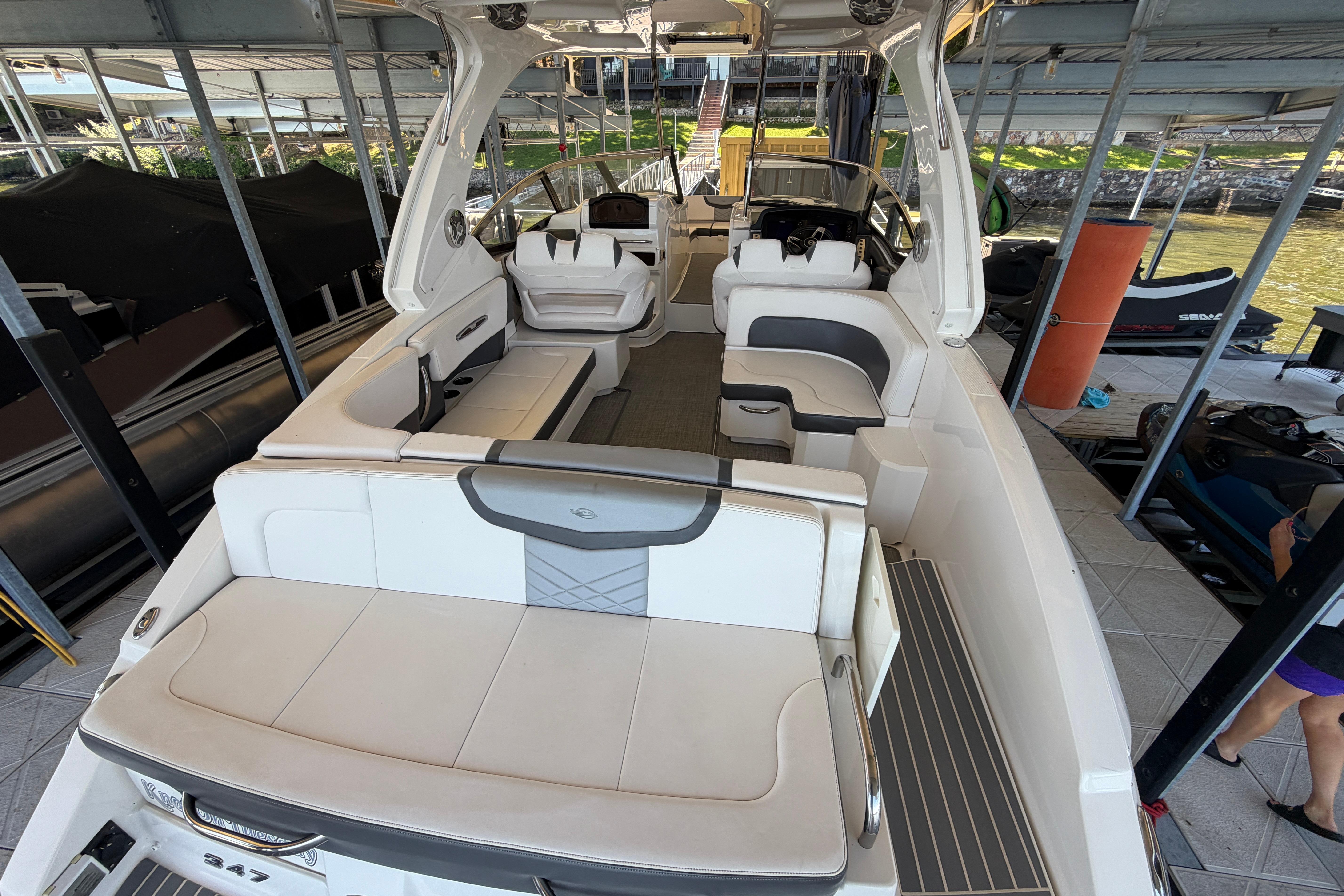 2018 Chaparral 347 SSX boat interior with spacious seating and modern design.