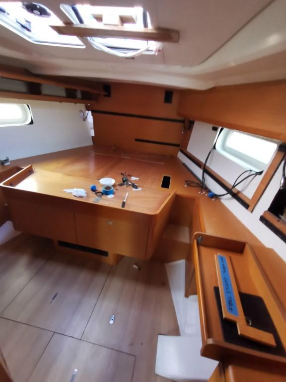 Interior cabin of a 2017 Jeanneau Sun Odyssey 469 sailboat.
