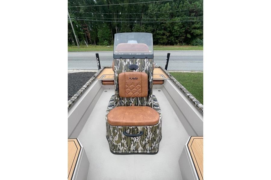 2026 Avid 21 FSX boat interior with camo design and brown seating.