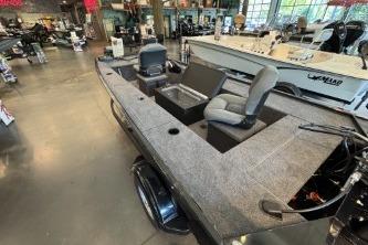 2026 Tracker Panfish 17 boat displayed in a showroom setting.