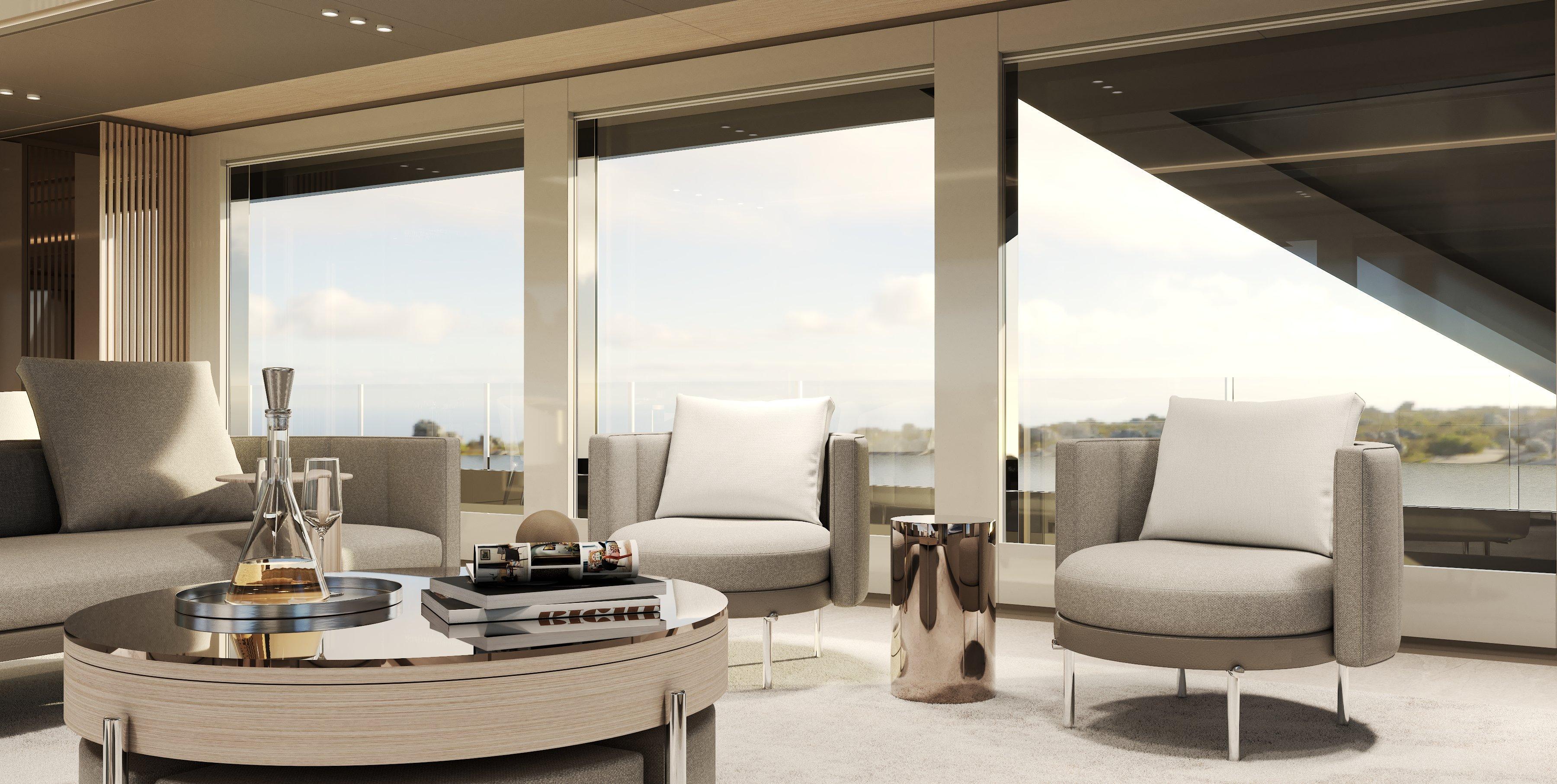 Luxurious yacht interior with modern seating and panoramic windows, NOA 46, 2025 model.