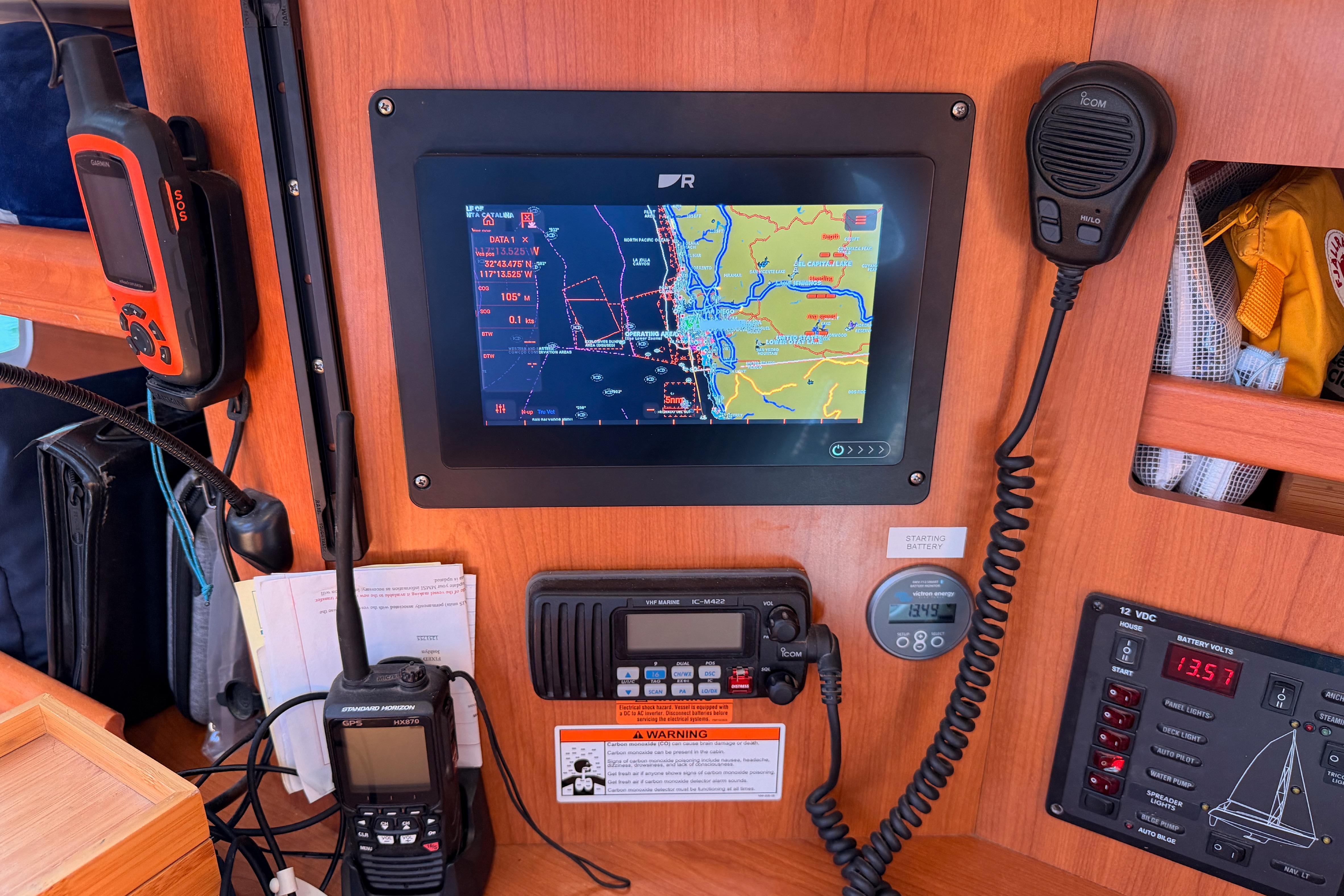 Control panel of a 2008 Hunter 45 Deck Salon with navigation equipment.