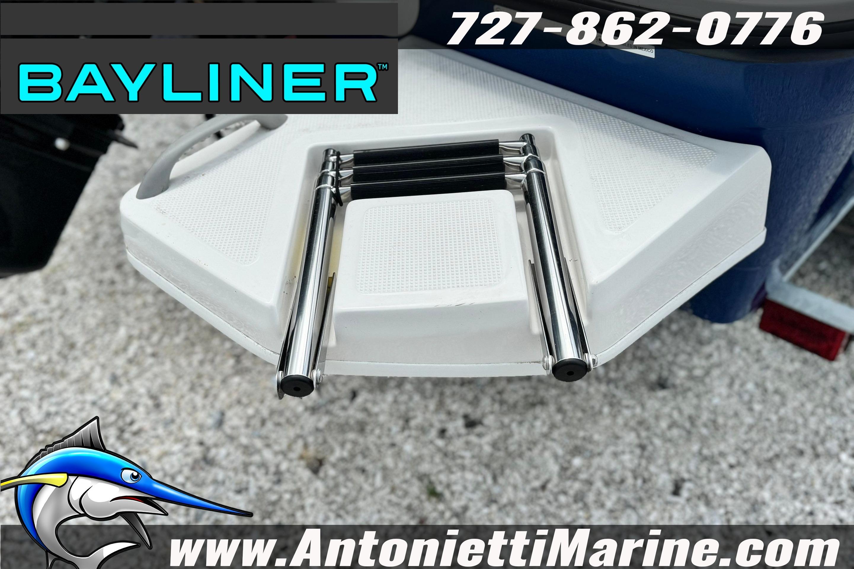 Bayliner Element E16 boat ladder, 2026 model, with contact details and logo.