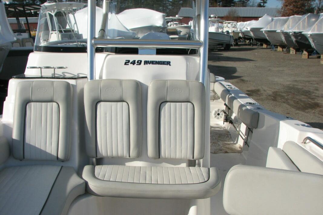 2020 Sea Fox 249 Avenger boat interior with cushioned seating and sleek design.