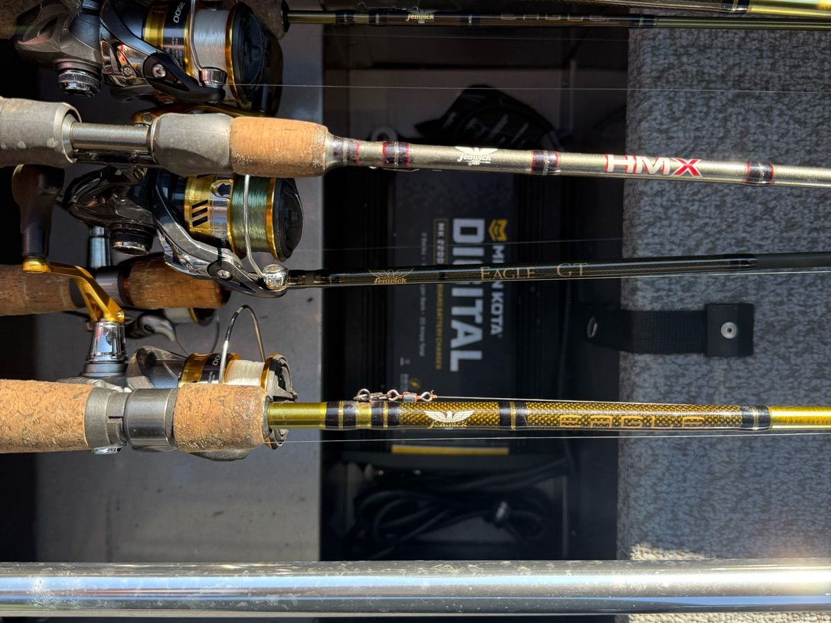 Several fishing rods are stored in a boat, with a Minn Kota digital box in the background.