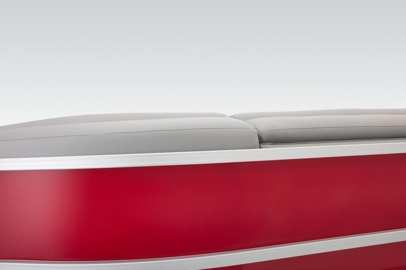 2026 Sun Tracker Party Barge 22 DLX, red exterior with gray seating.