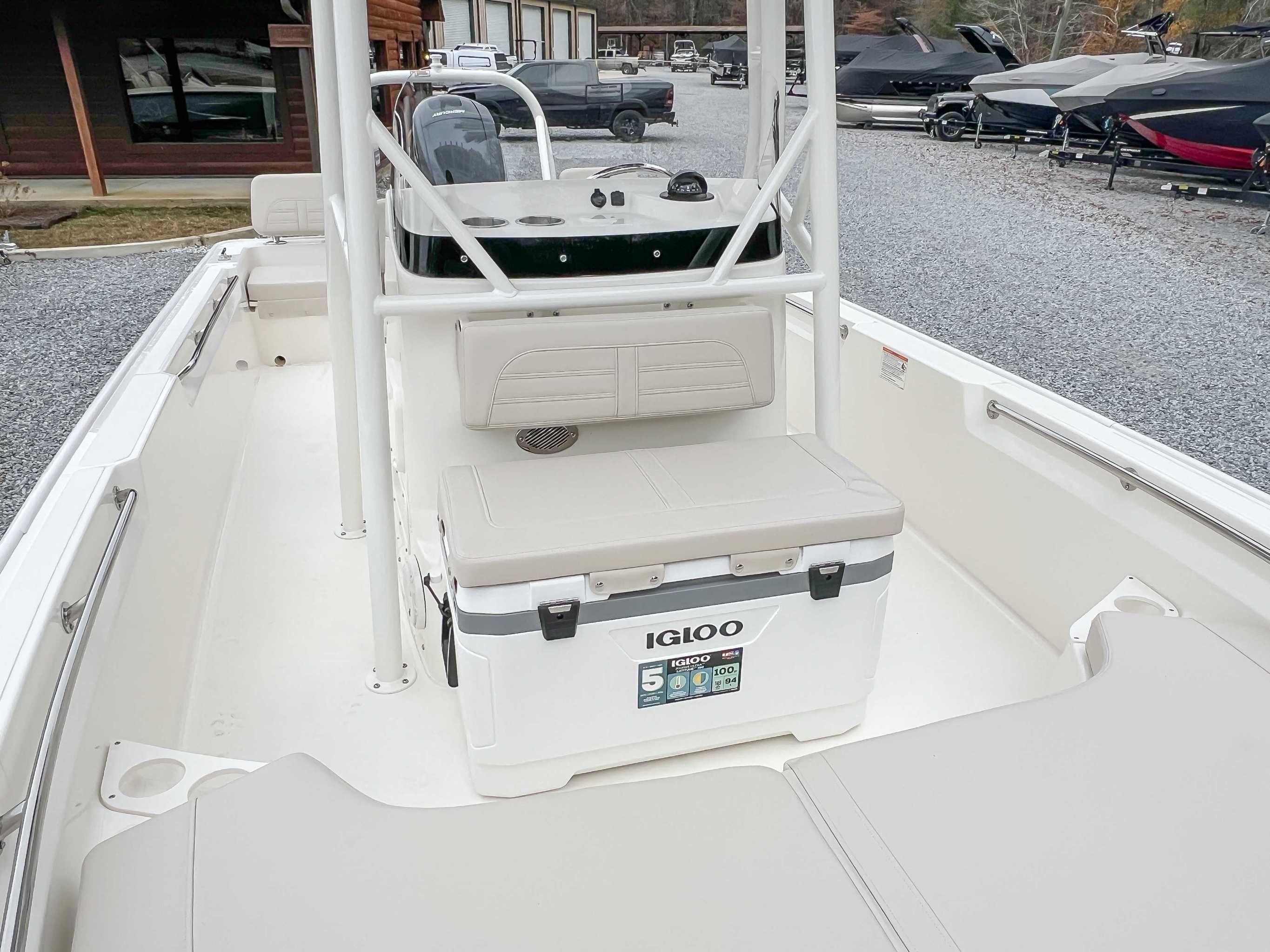 Interior of 2025 Boston Whaler 190 Montauk with Igloo cooler.