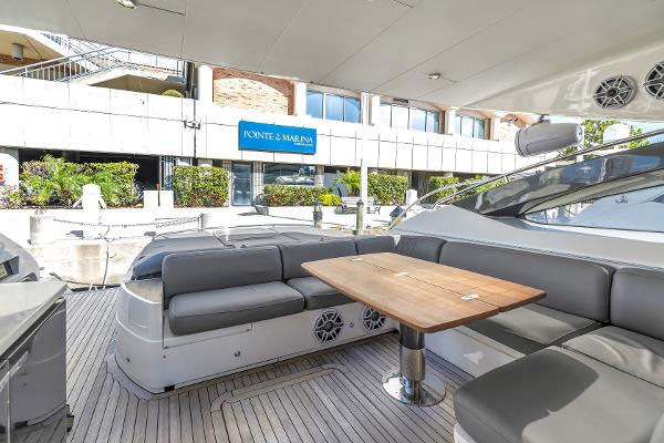 Luxurious interior of 2013 Princess V57 yacht at the marina.
