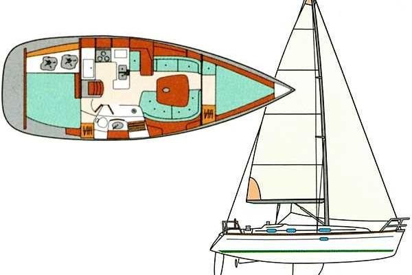 Diagram of a 2000 Beneteau 361 sailboat with interior layout and side view.