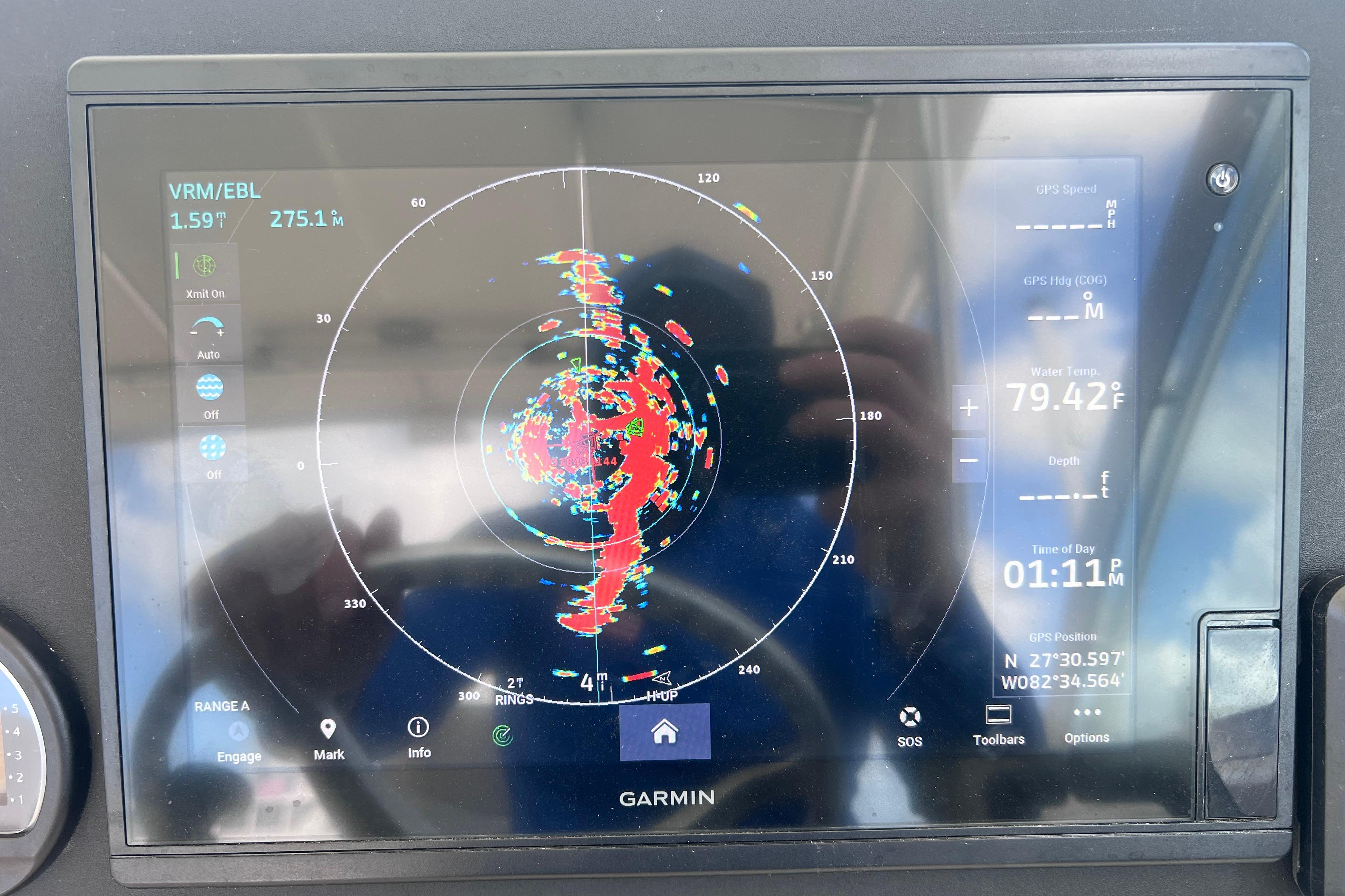 Garmin marine radar display on 2004 Pursuit 2870 Walkaround boat.