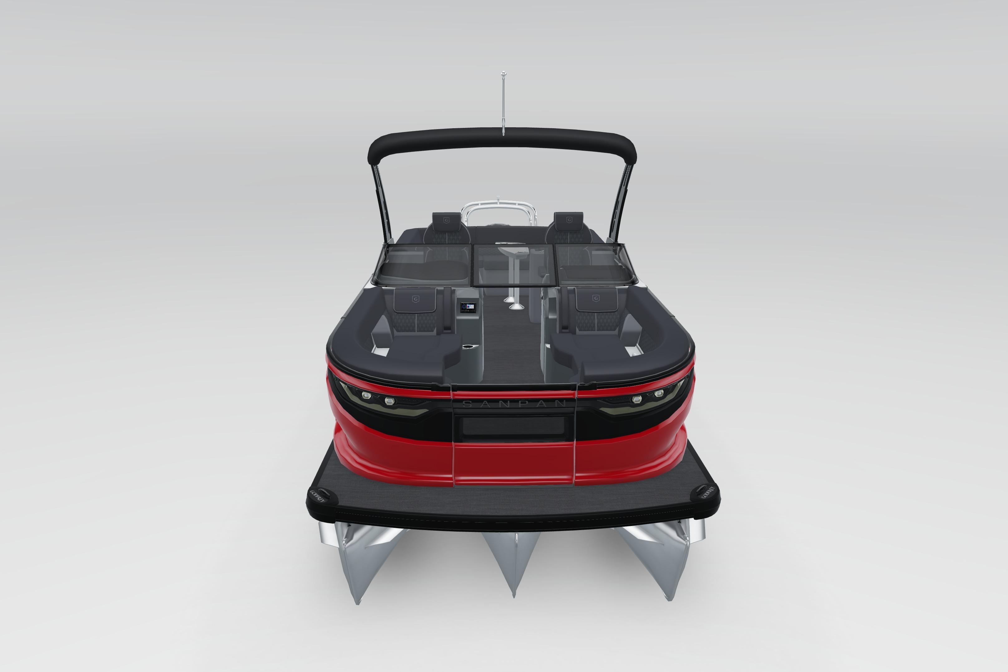 2026 Godfrey Sanpan 25' Ultra Lounge Tritoon, sleek design with red and black accents.