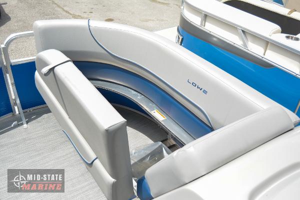 2024 Lowe Ultra 200 Cruise boat interior with gray seating and blue accents.
