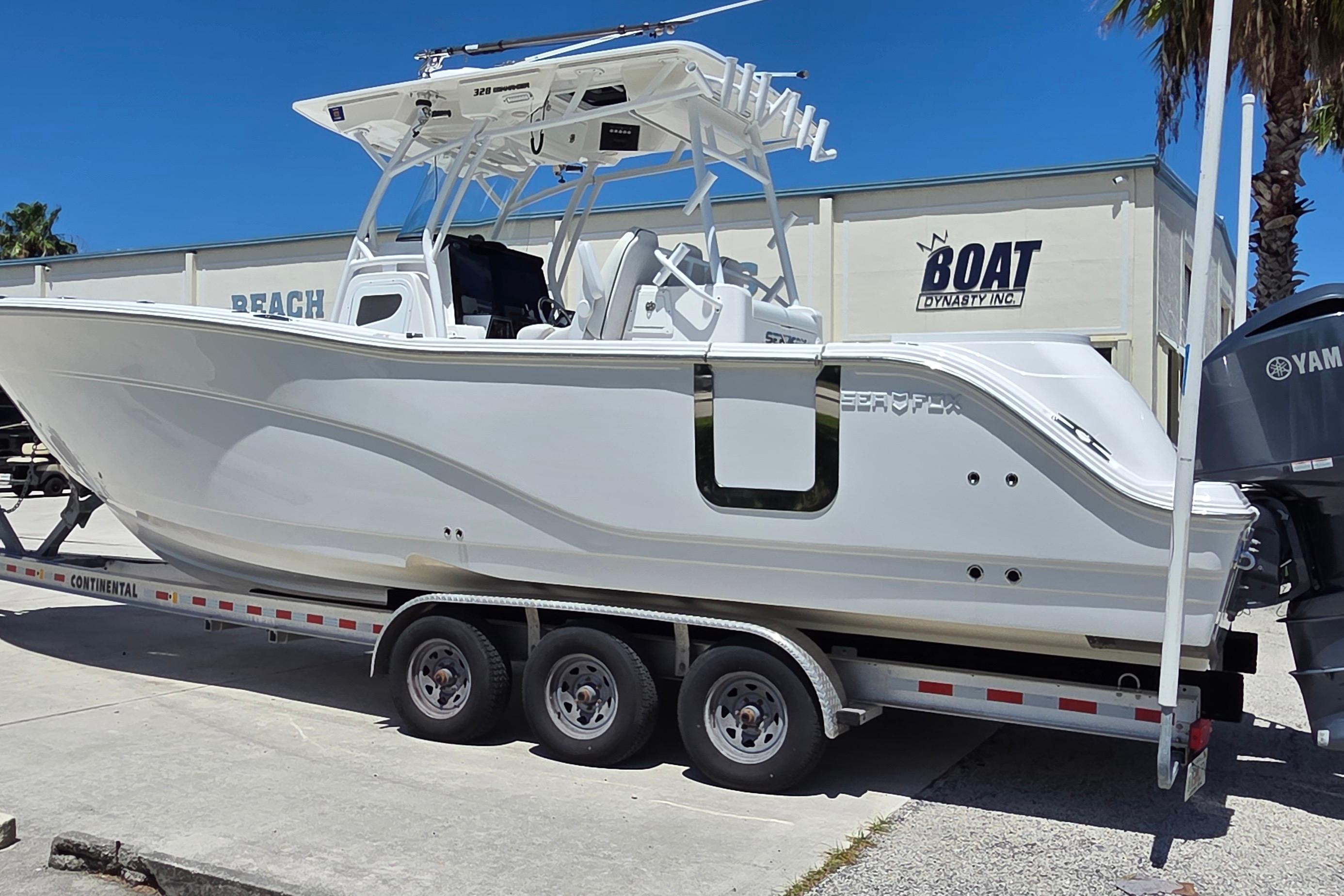 2021 Sea Fox 328 Commander boat on trailer, parked outside Boat Dynasty Inc.
