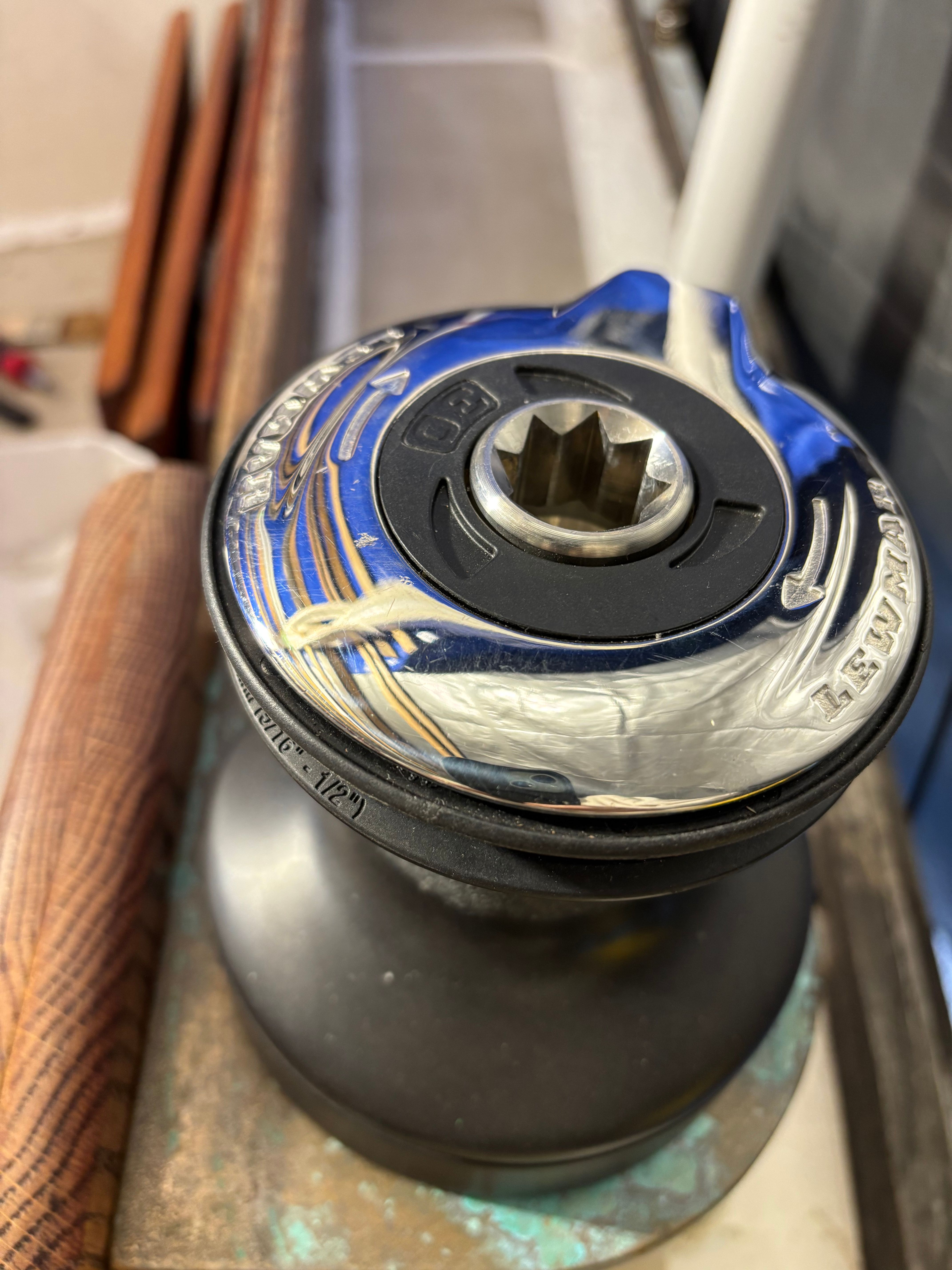 Close-up of a winch on a 1986 Cape Dory 26 boat.