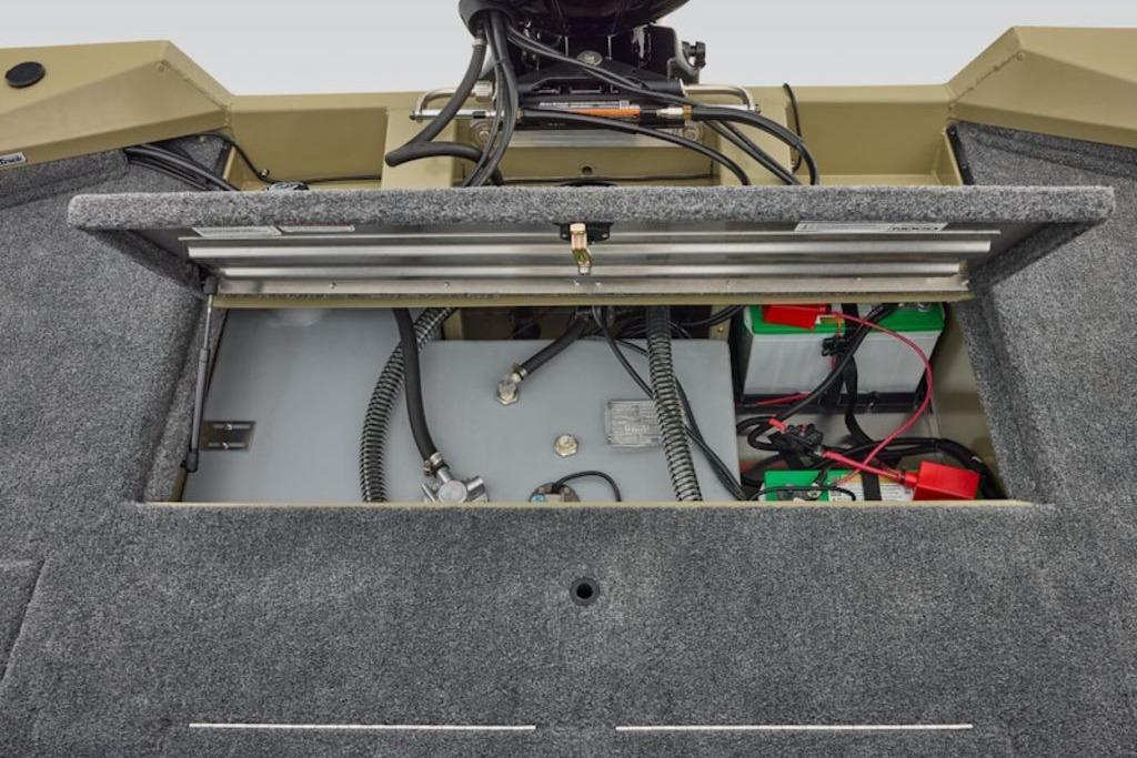 2026 Tracker Pro Team 195 boat battery compartment with wiring and components.