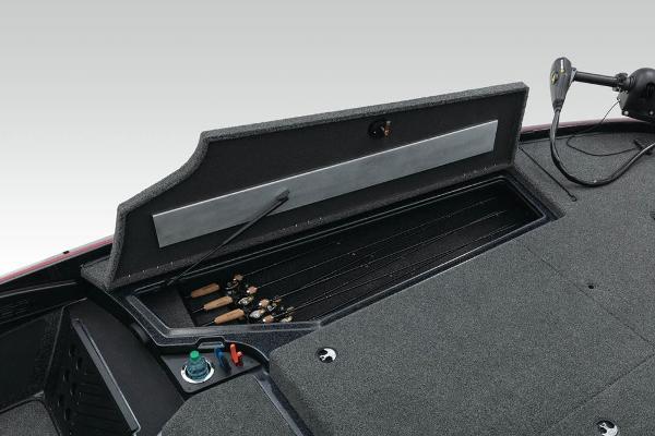 2022 Nitro Z20 boat with open rod storage compartment.