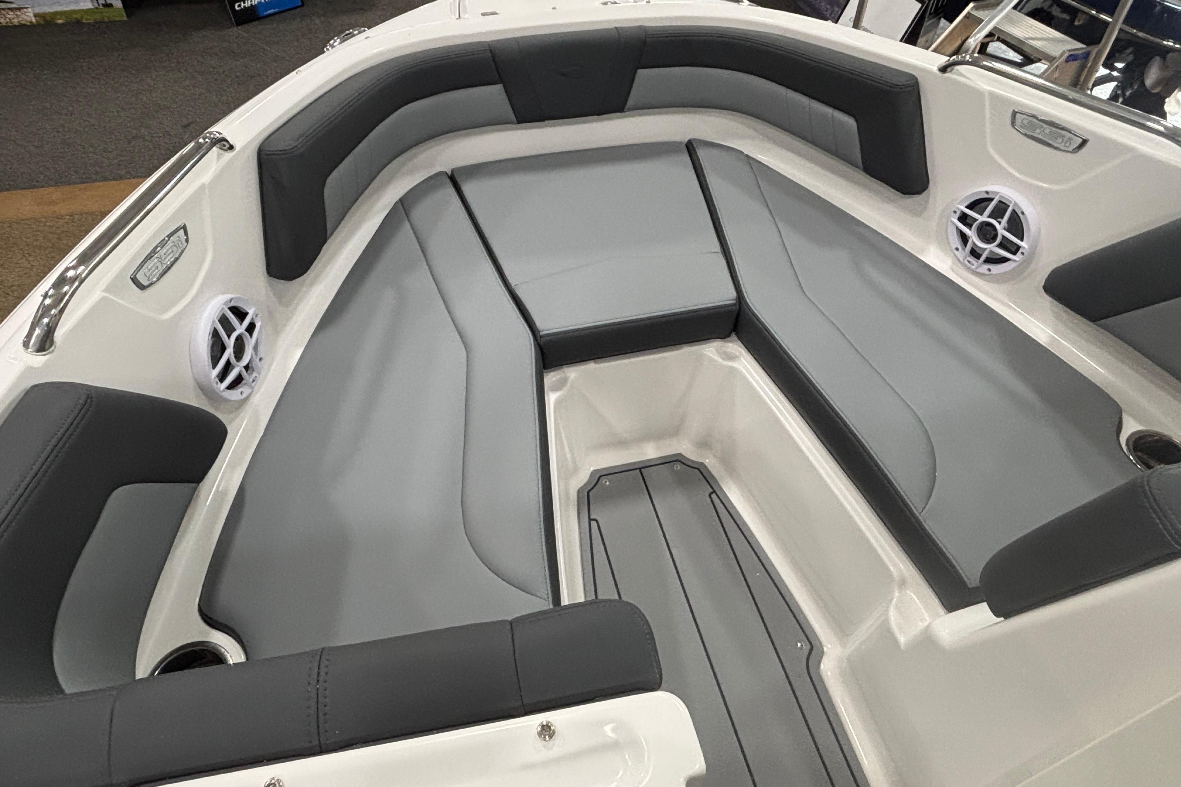 Interior of 2026 Chaparral 21 SSi with gray upholstery.