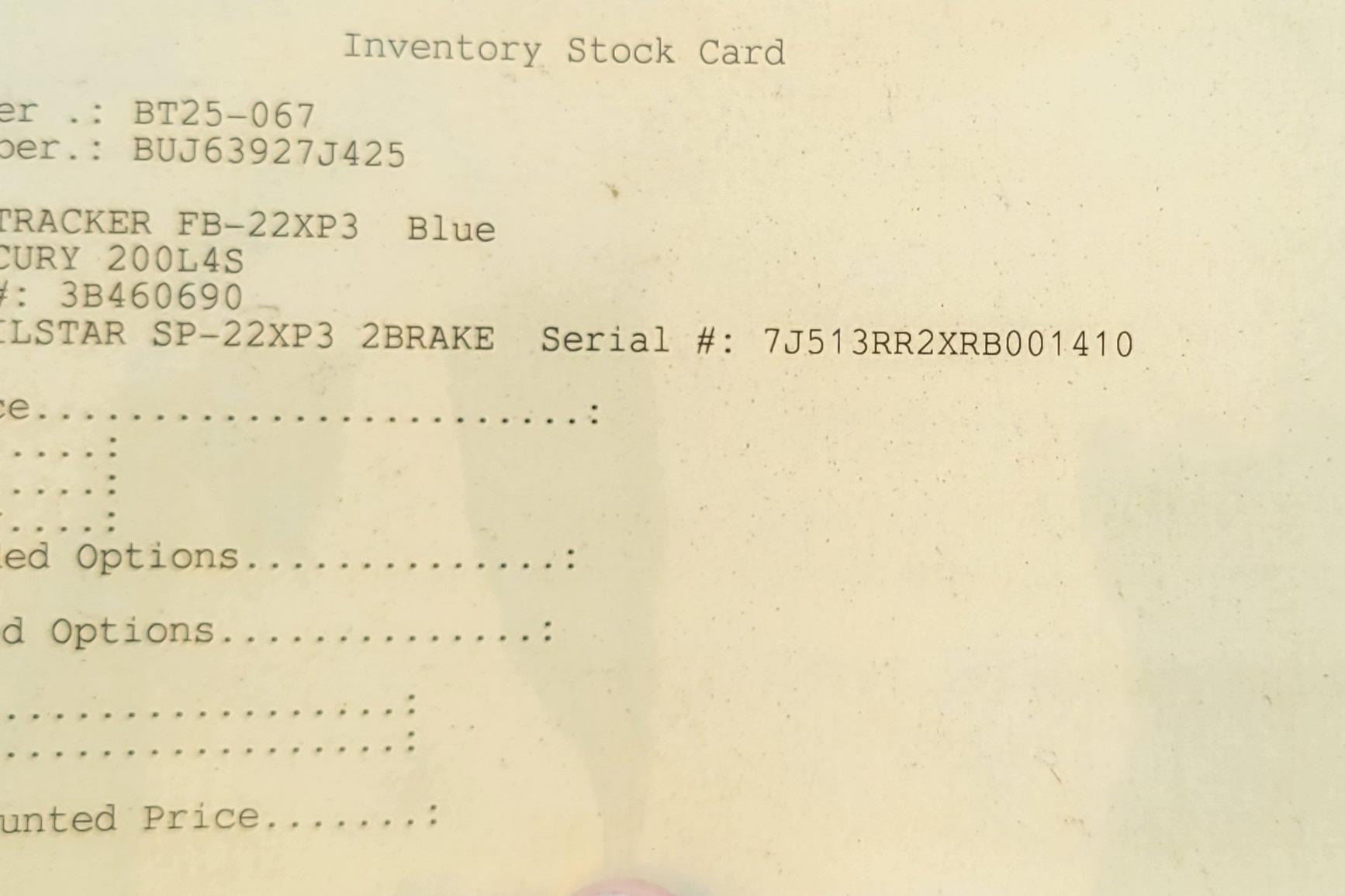 Inventory stock card for 2025 Sun Tracker Fishin' Barge 22 XP3, serial number visible.