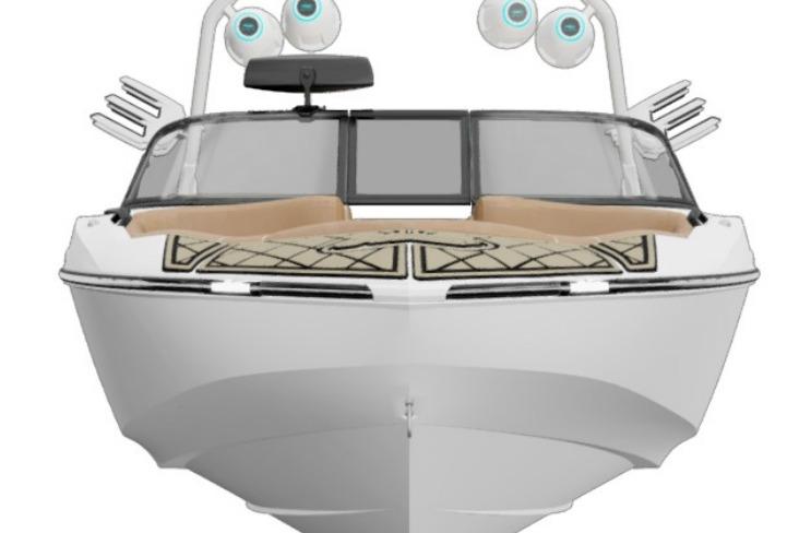 2027 MB B52 23 Alpha boat, front view with sleek design and modern features.