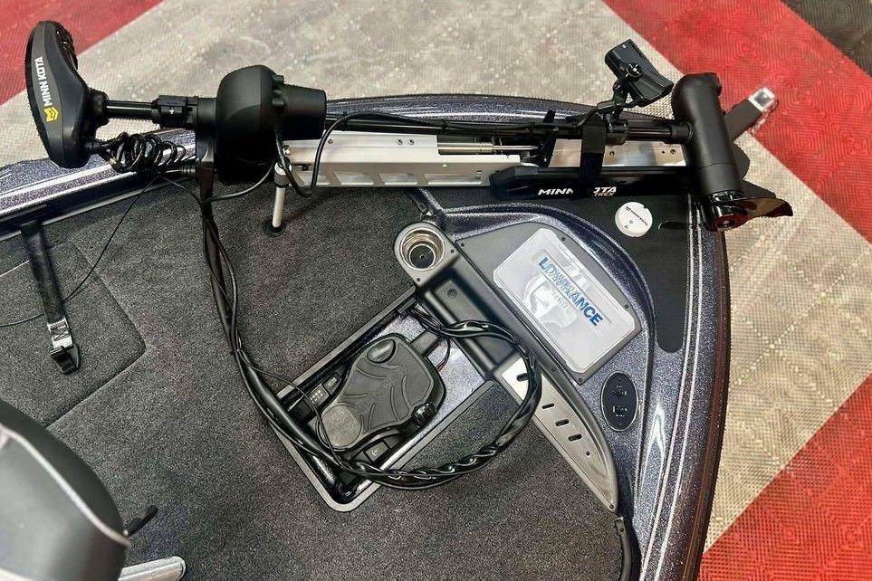 Triton 18 TrX 2026 boat deck with Minn Kota trolling motor and Lowrance electronics.