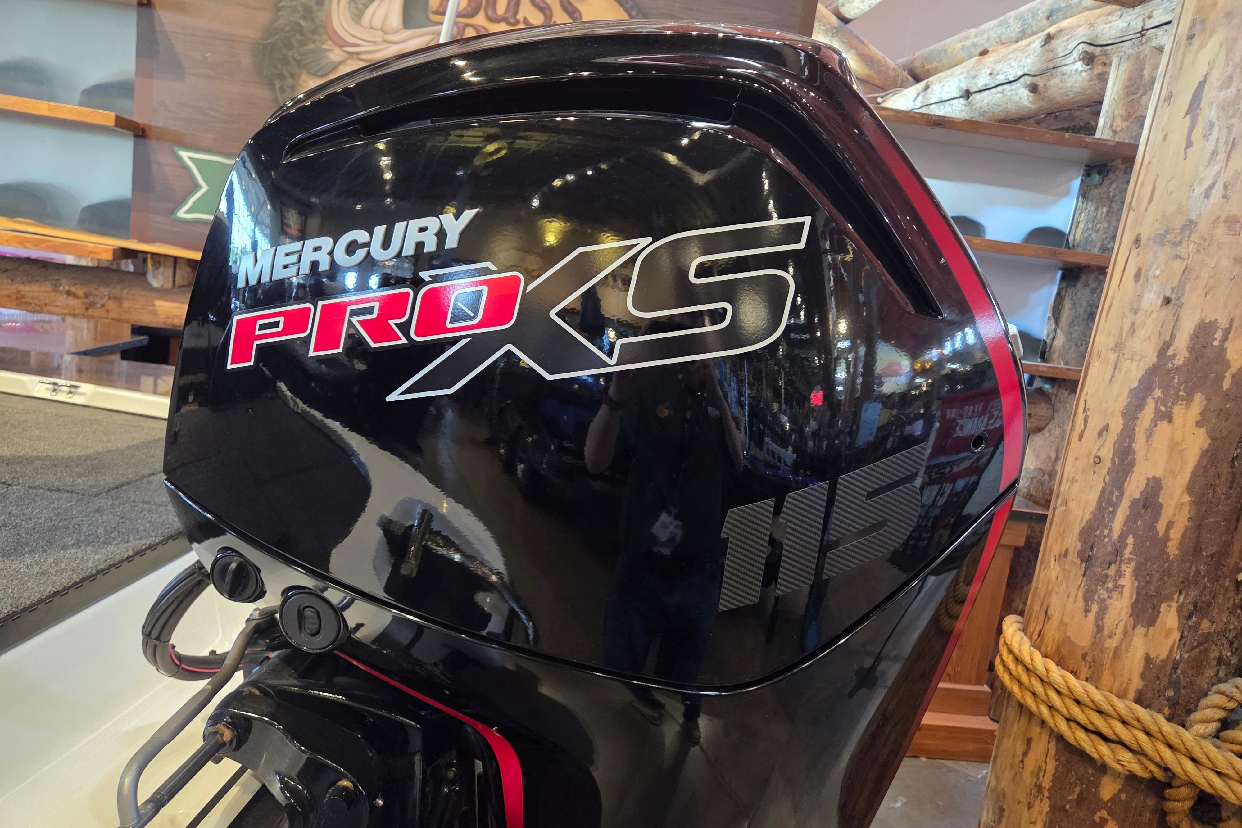 Mercury Pro XS outboard motor on a 2026 Nitro Z17 boat, displayed indoors.