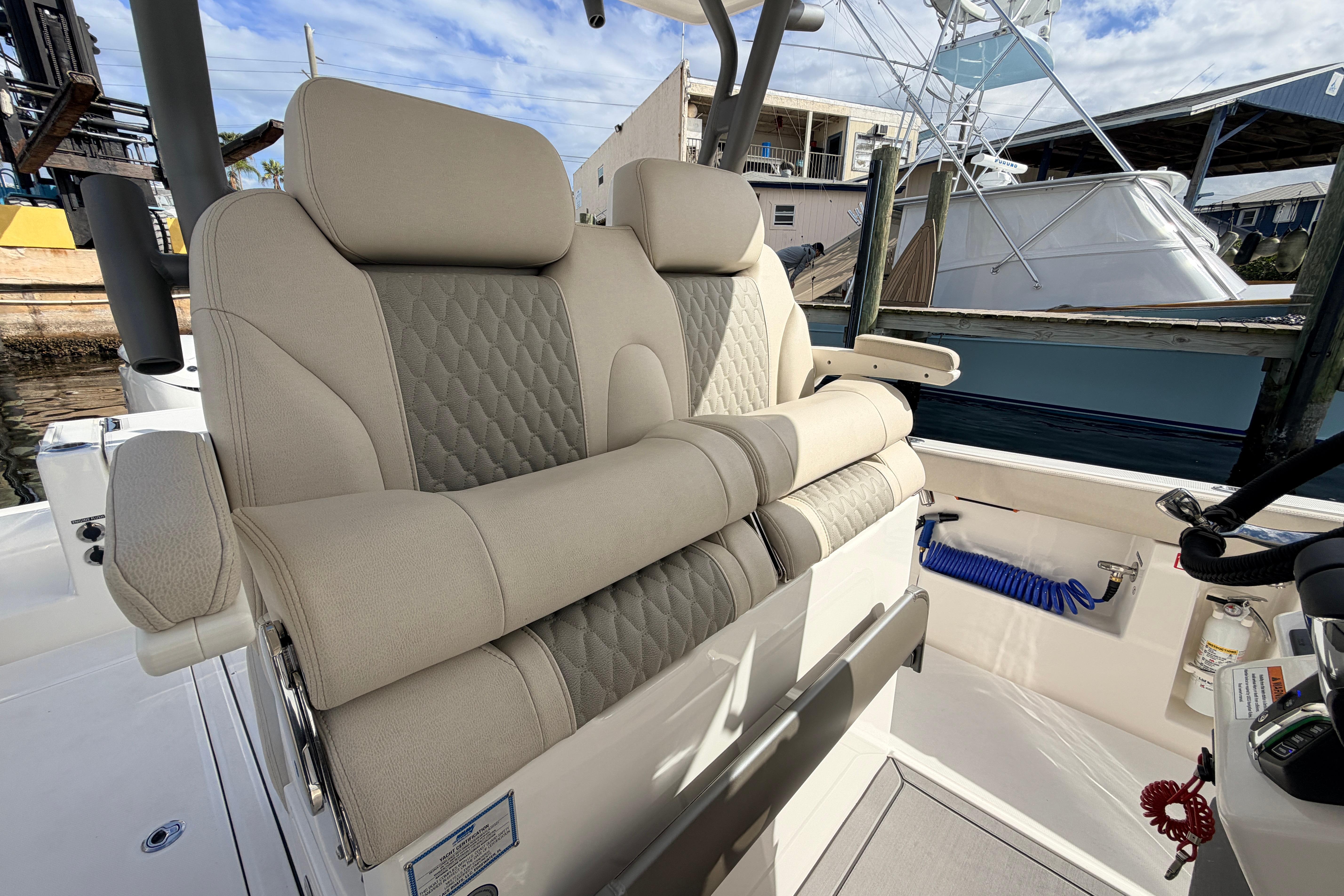 Luxurious seating in the Solace 30 CS boat, model year 2026.