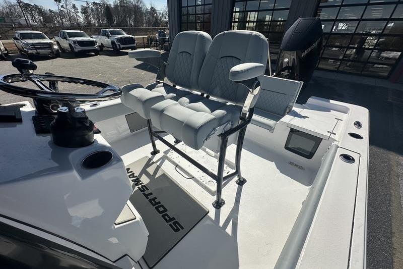 2026 Sportsman Masters 247 Bay Boat interior with dual seating and steering console.