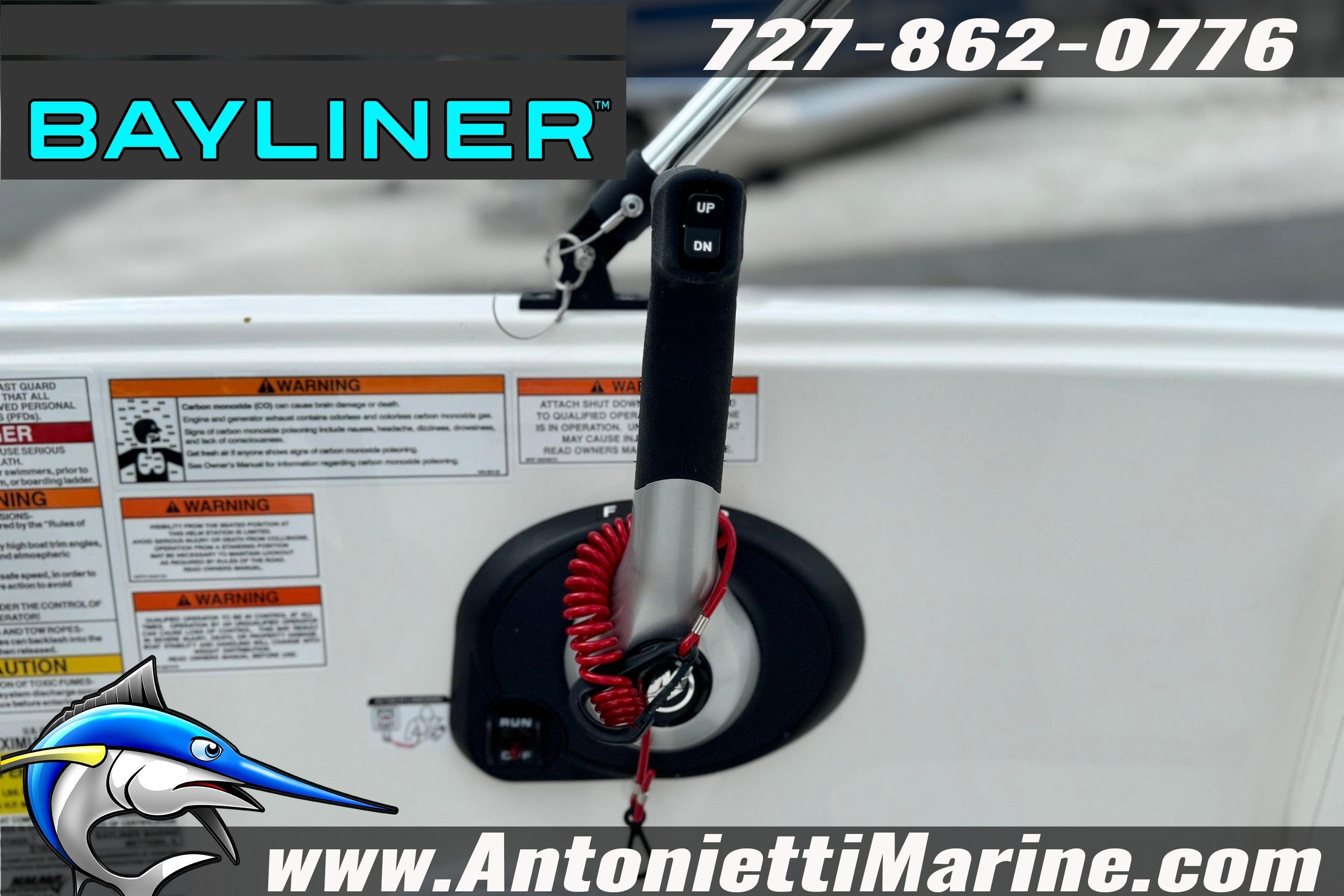 Bayliner Element E16 2026 boat control panel with safety warnings and contact information.