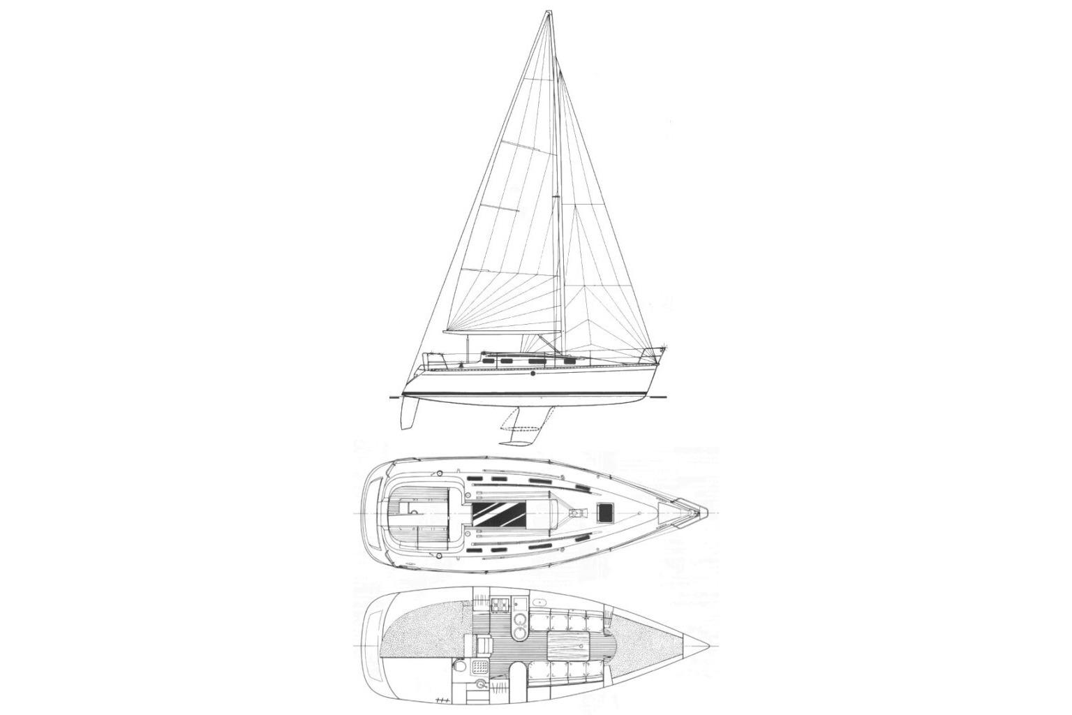 Blueprint of 1993 Beneteau First 310 sailboat, showing side, top, and interior views.
