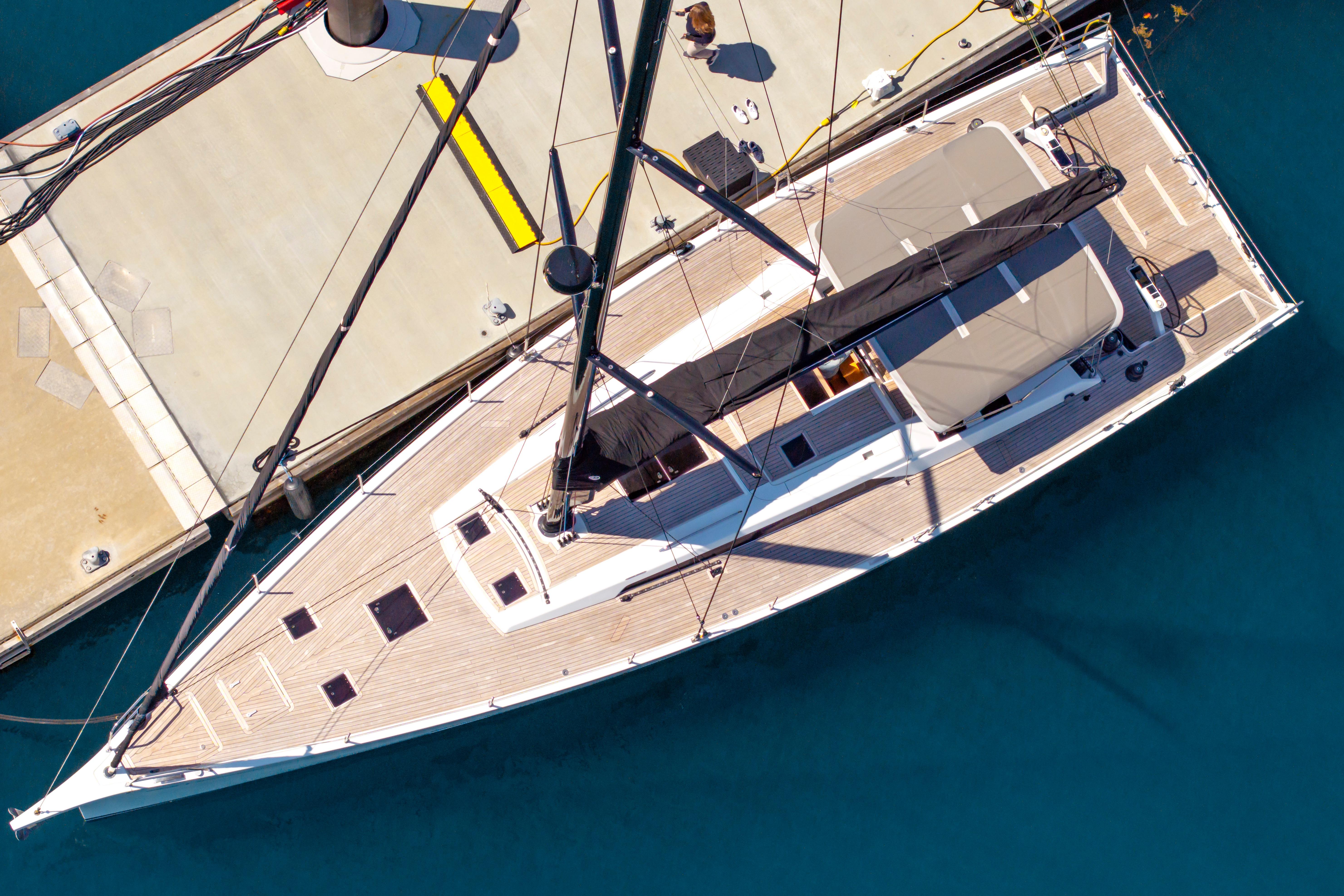 Aerial view of 2016 Grand Soleil 58 yacht docked at a marina.