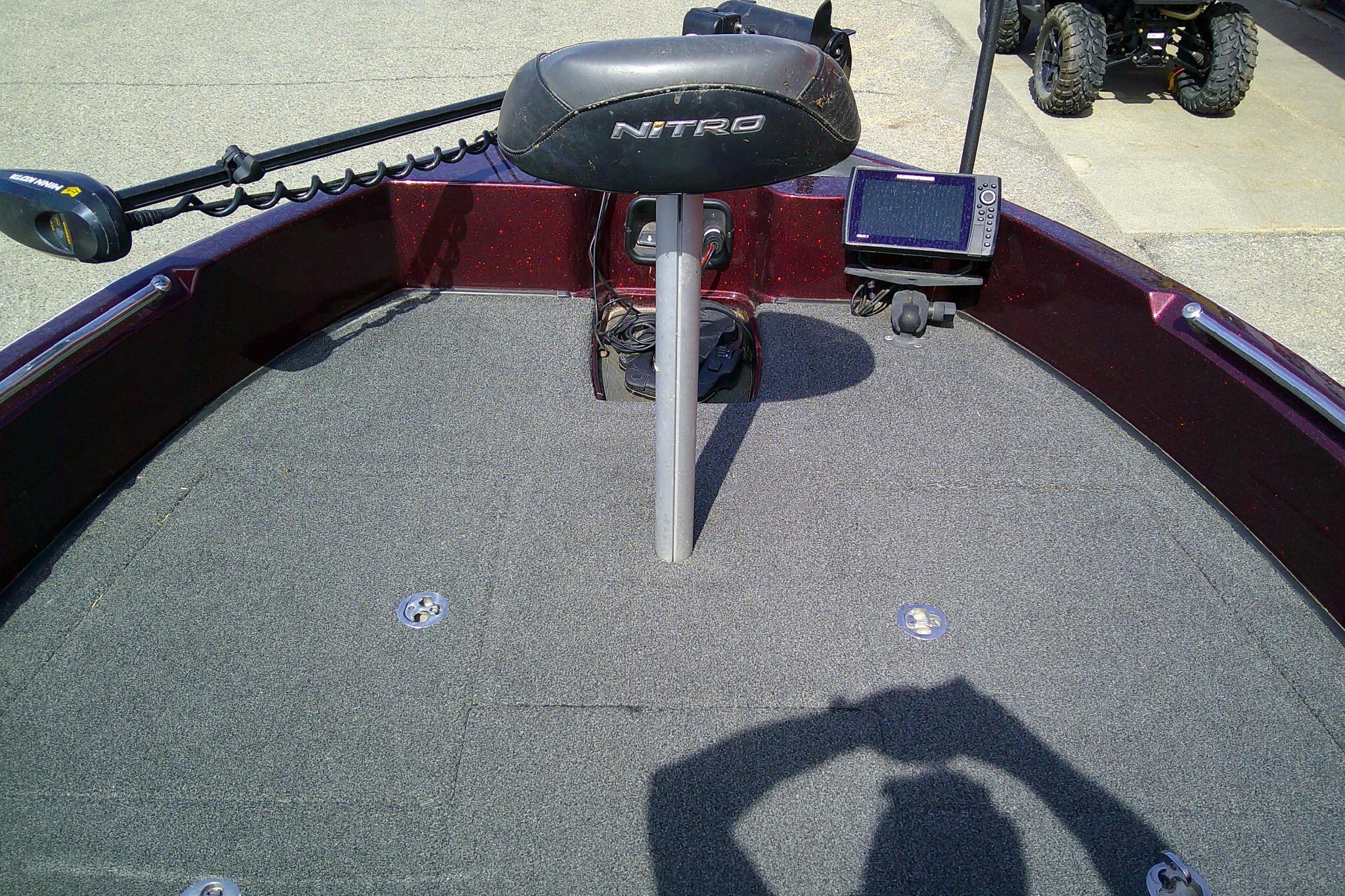2019 Nitro ZV19 Sport boat deck with seat, trolling motor, and fish finder.