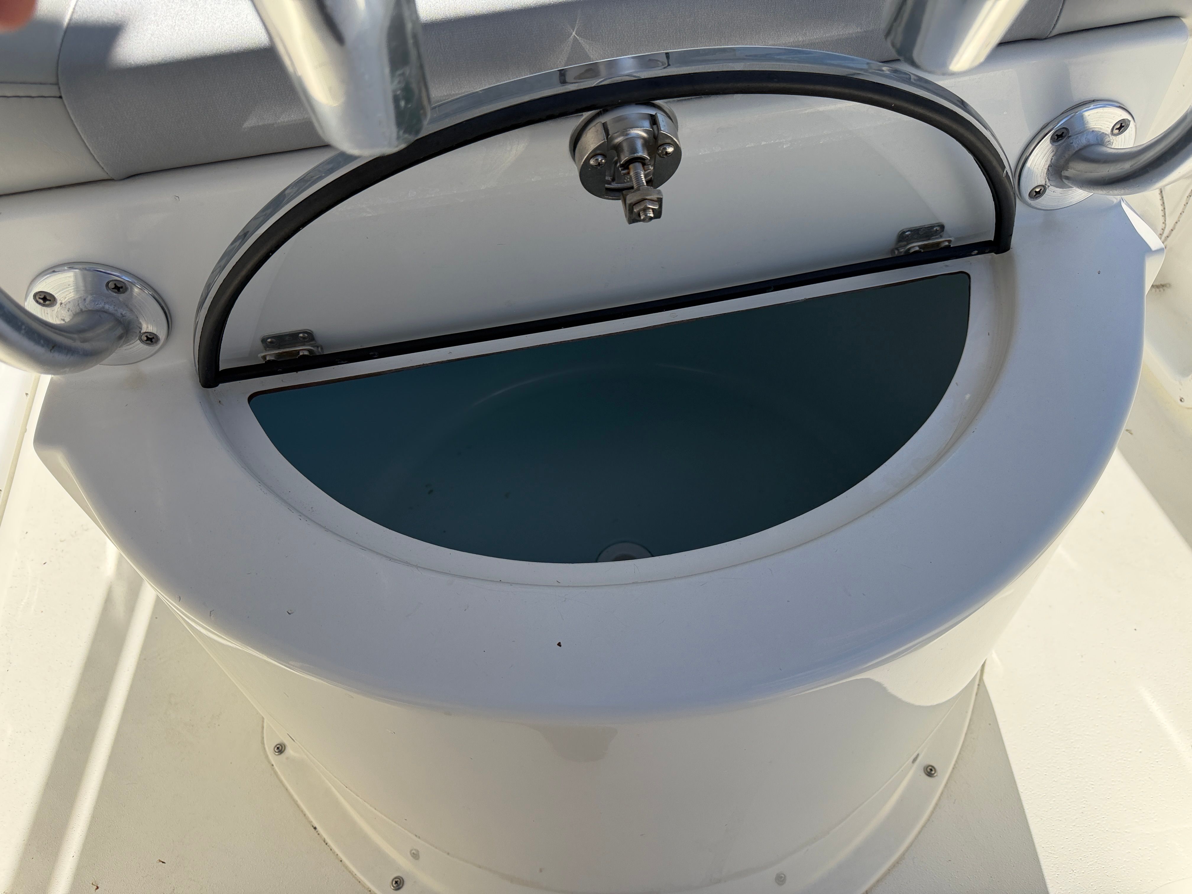 KenCraft Challenger 2021 boat hatch with stainless steel handles.