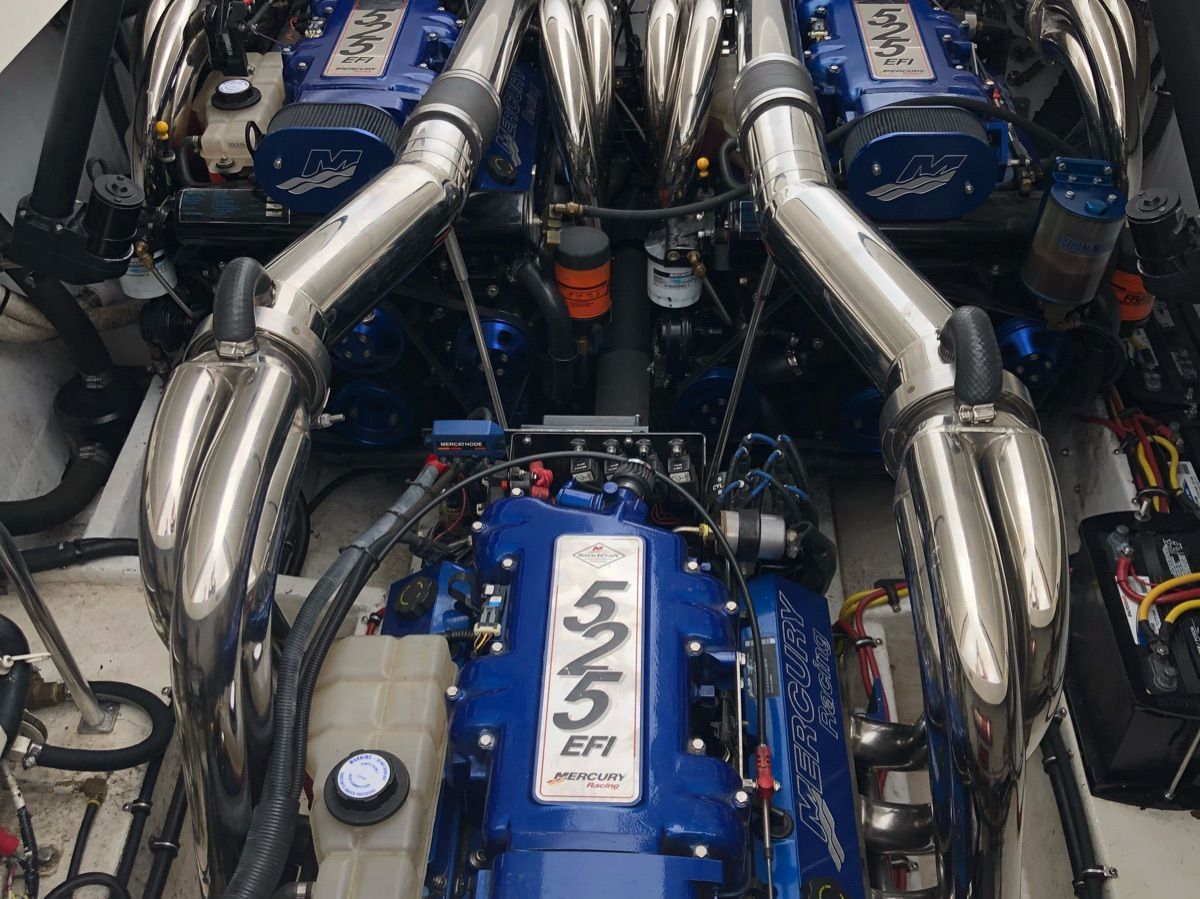 Engine compartment of a 2005 Fountain 47 Lightning with powerful engines.